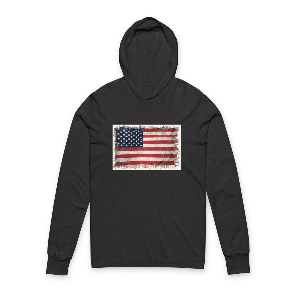 Distressed USA Flag Hooded Long Sleeve Tee | USA American Flag Sleeve Hoodie