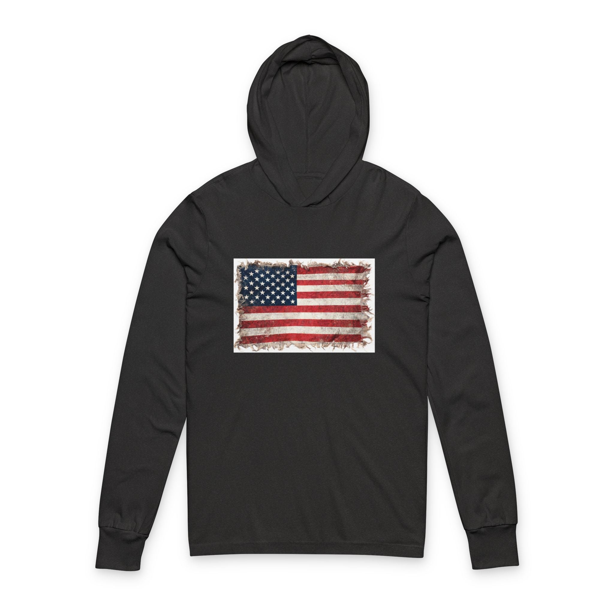 Distressed USA Flag Hooded Long Sleeve Tee | USA American Flag Sleeve Hoodie