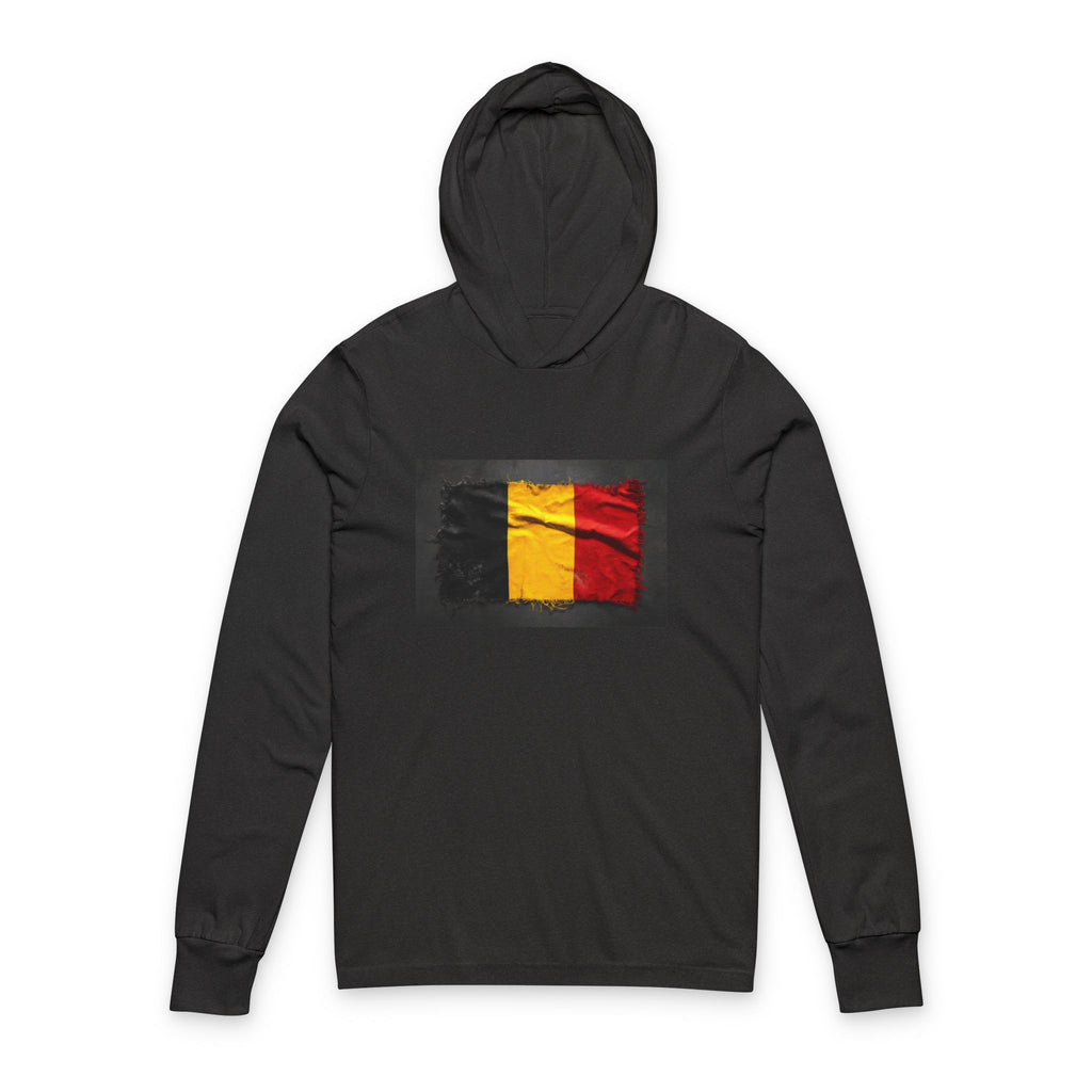 Distressed Belgium Flag Hooded Long Sleeve Tee | Belgium Graphic Sleeve Hoodie