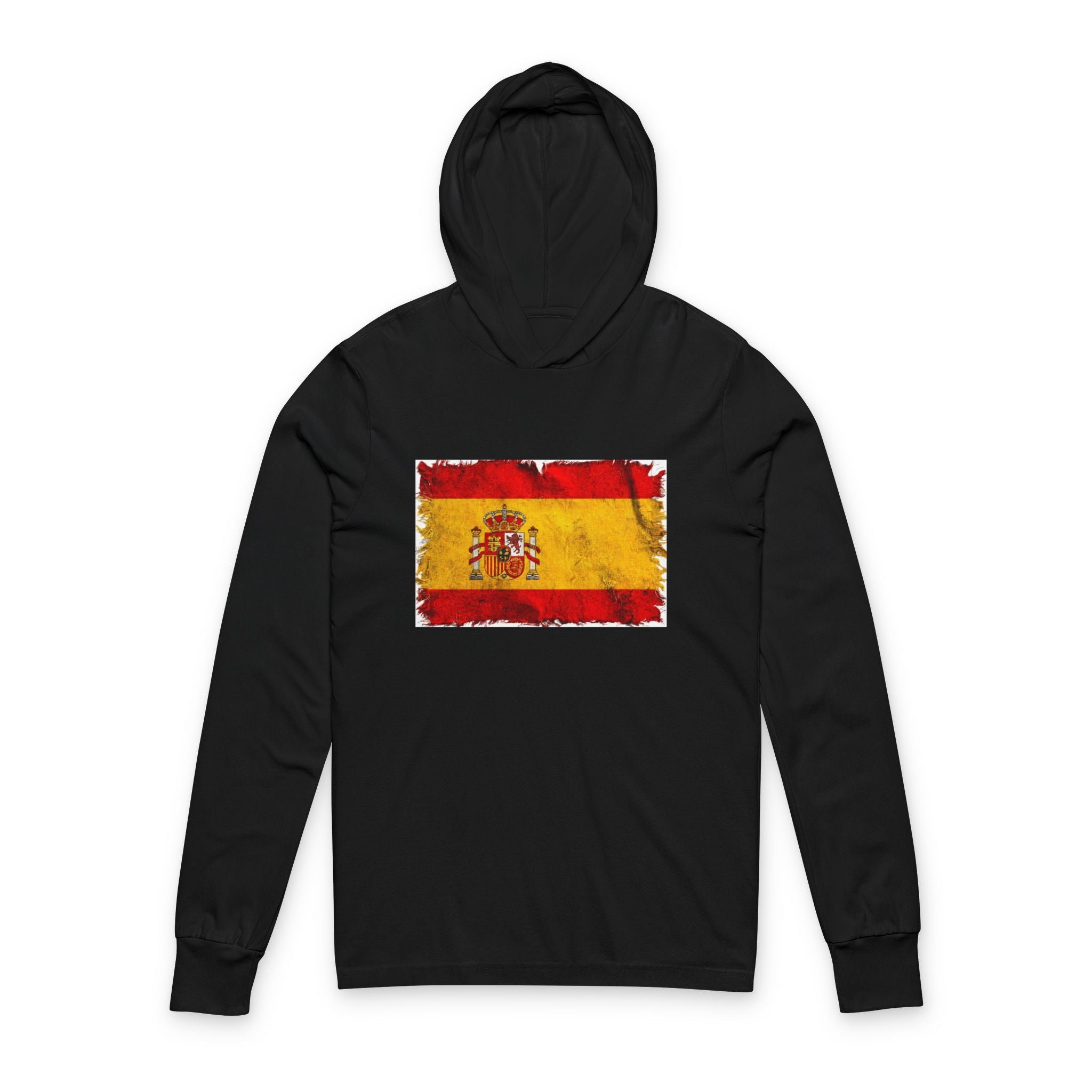 Distressed Spain Flag Hooded Long Sleeve Tee | Spain Graphic Sleeve Hoodie