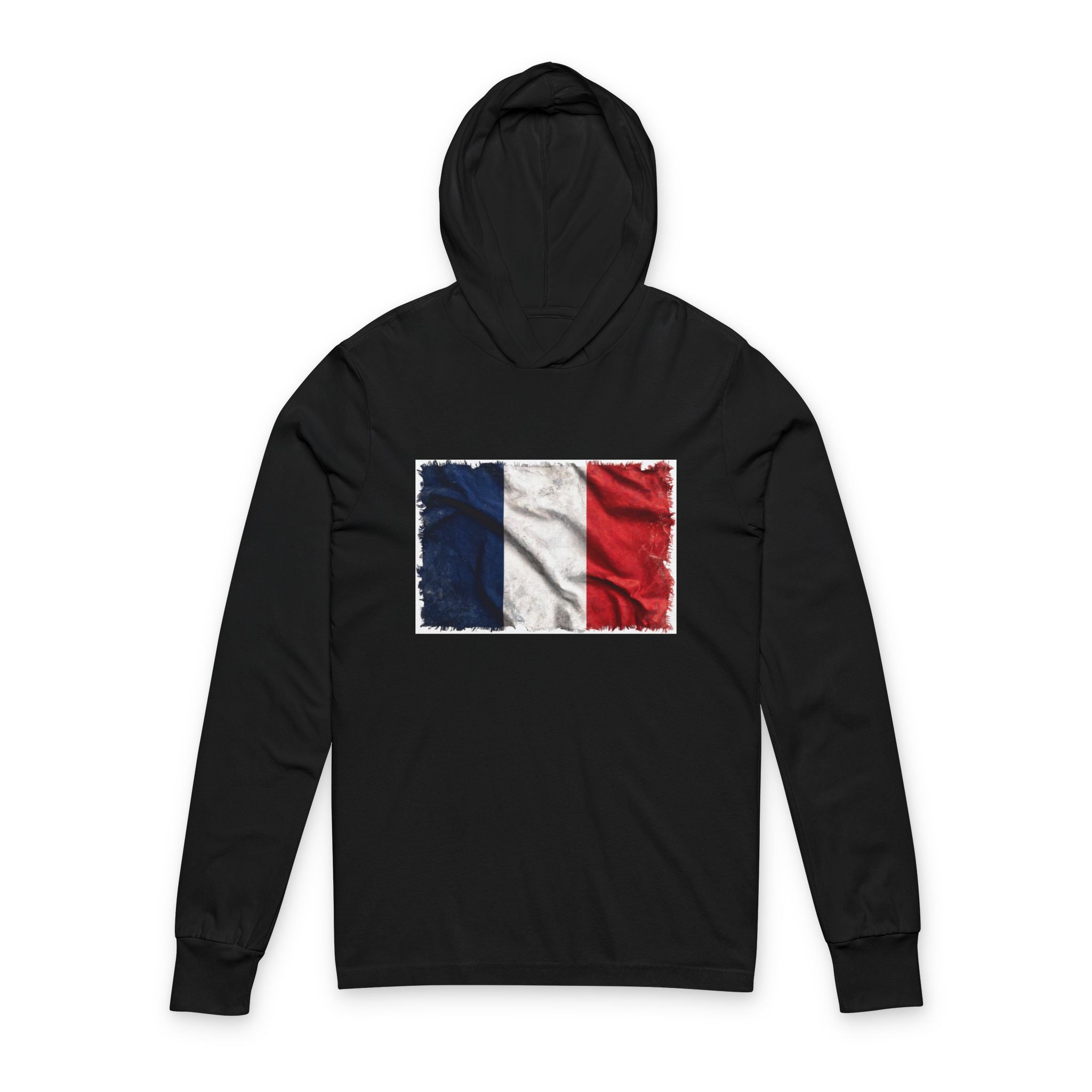 Distressed French Flag Hooded Long Sleeve Tee | France Tricolor Sleeve Hoodie