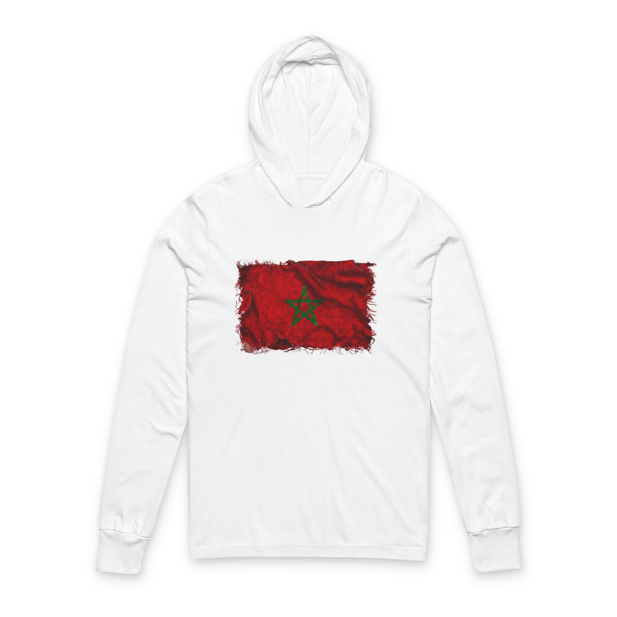 Distressed Morocco Flag Hooded Long Sleeve Tee | Morocco Graphic Sleeve Hoodie