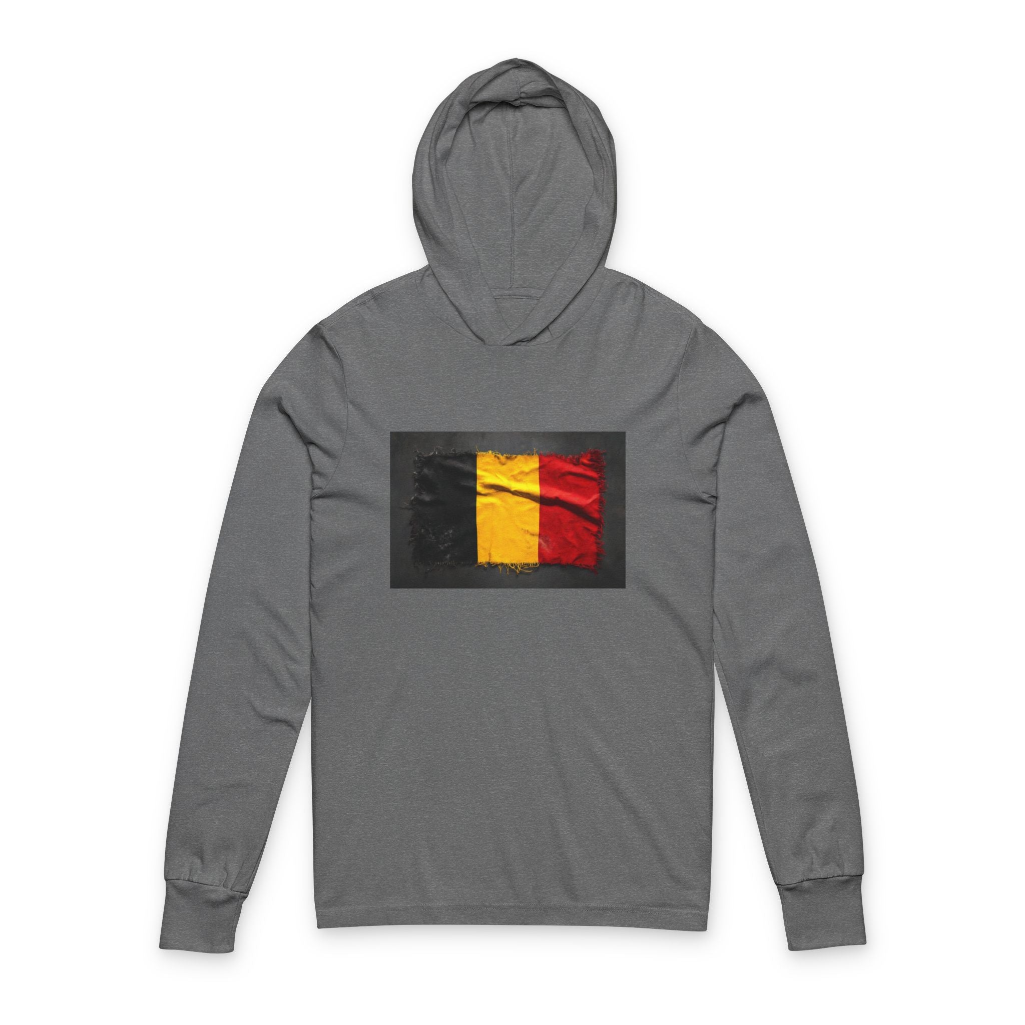 Distressed Belgium Flag Hooded Long Sleeve Tee | Belgium Graphic Sleeve Hoodie