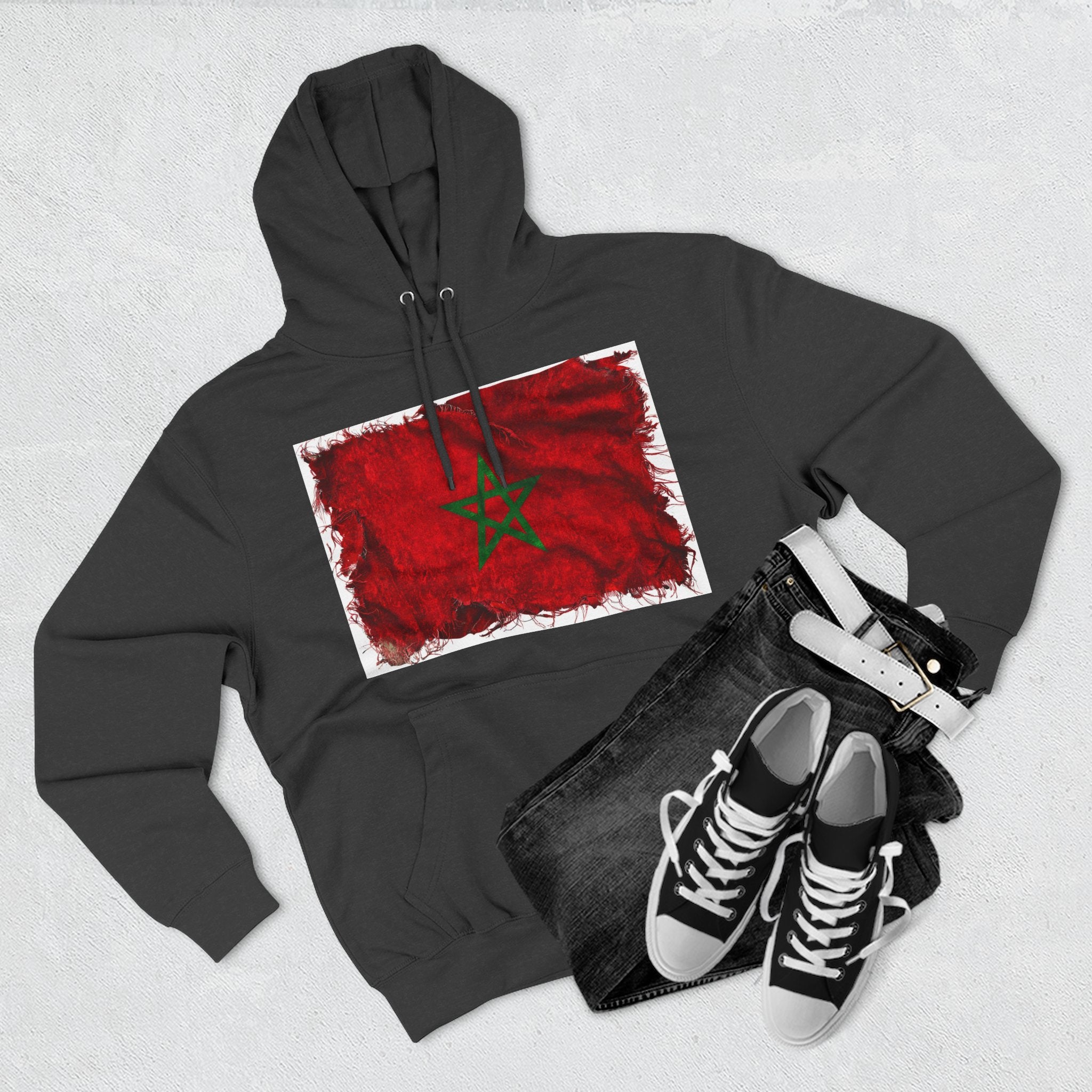 Distressed Morocco Flag Pullover Hoodie | Morocco Graphic Fleece Hoodie