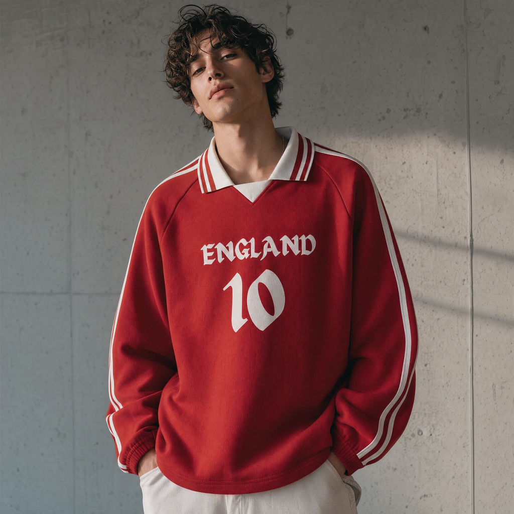 Model wearing England lapel collar sweatshirt, editorial lookbook shot