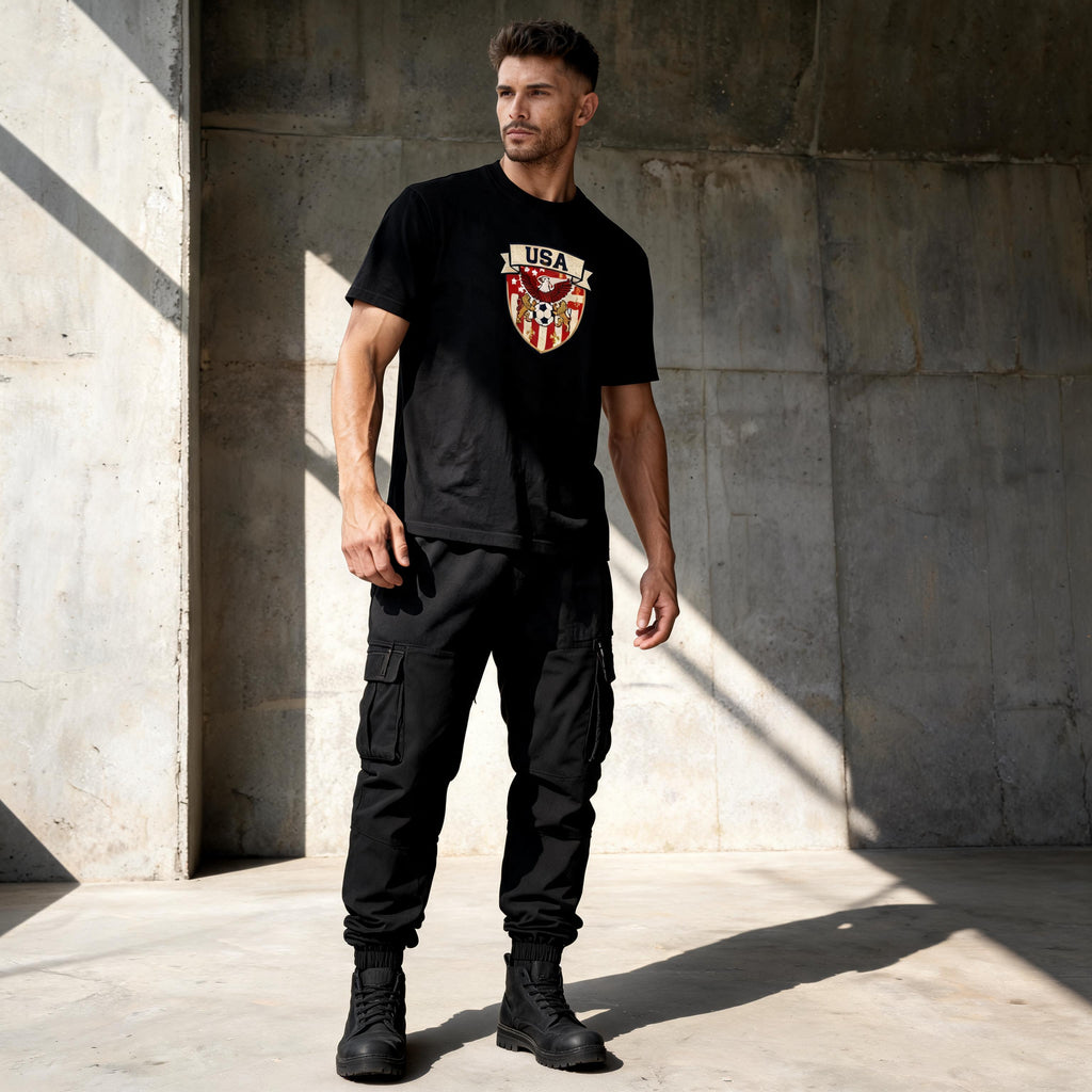 USA Shield unisex cotton tee — full-length editorial shot showing regular fit