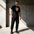 USA Shield unisex cotton tee — full-length editorial shot showing regular fit