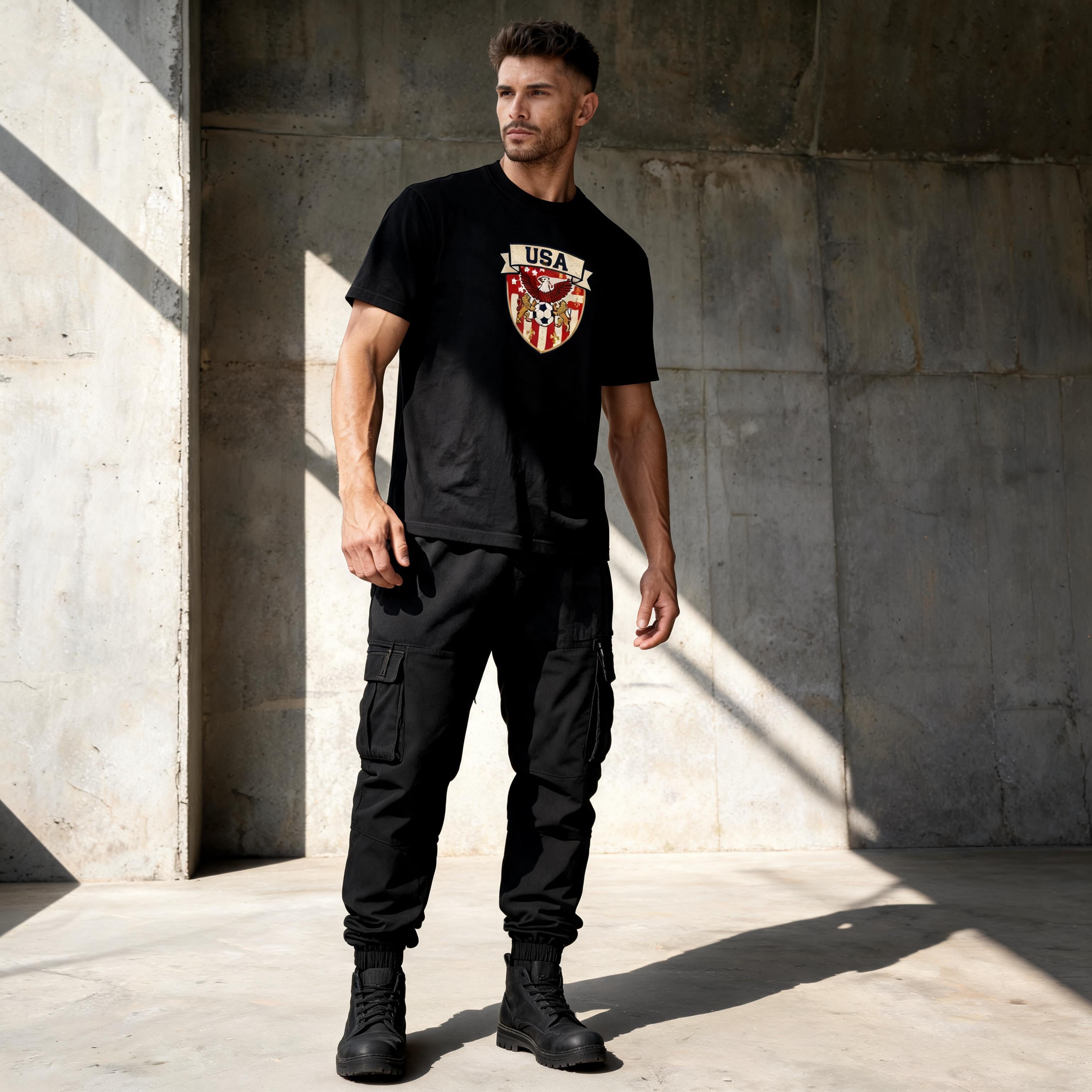 USA Shield unisex cotton tee — full-length editorial shot showing regular fit