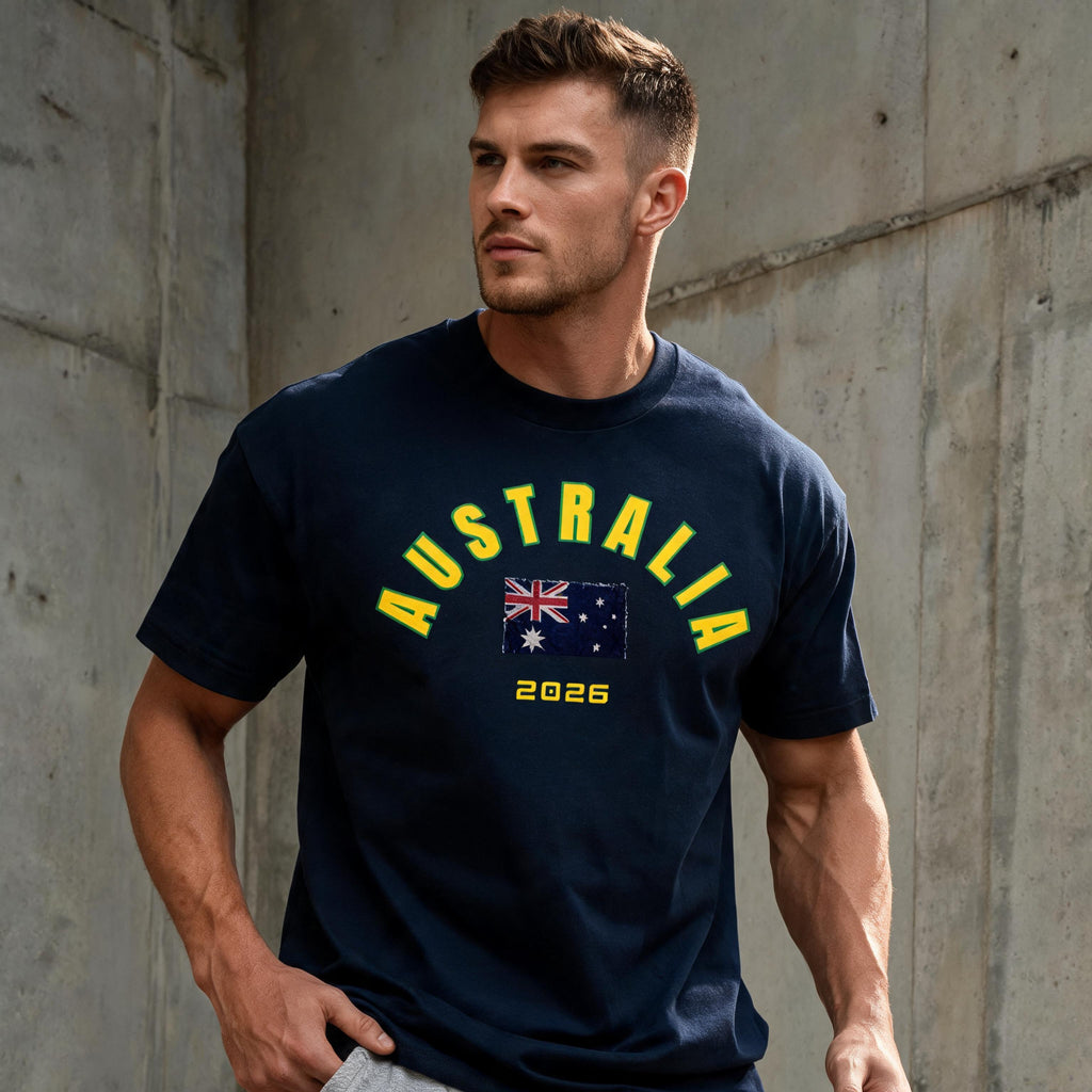 Australia 2026 unisex cotton tee — lifestyle lookbook shot worn on model