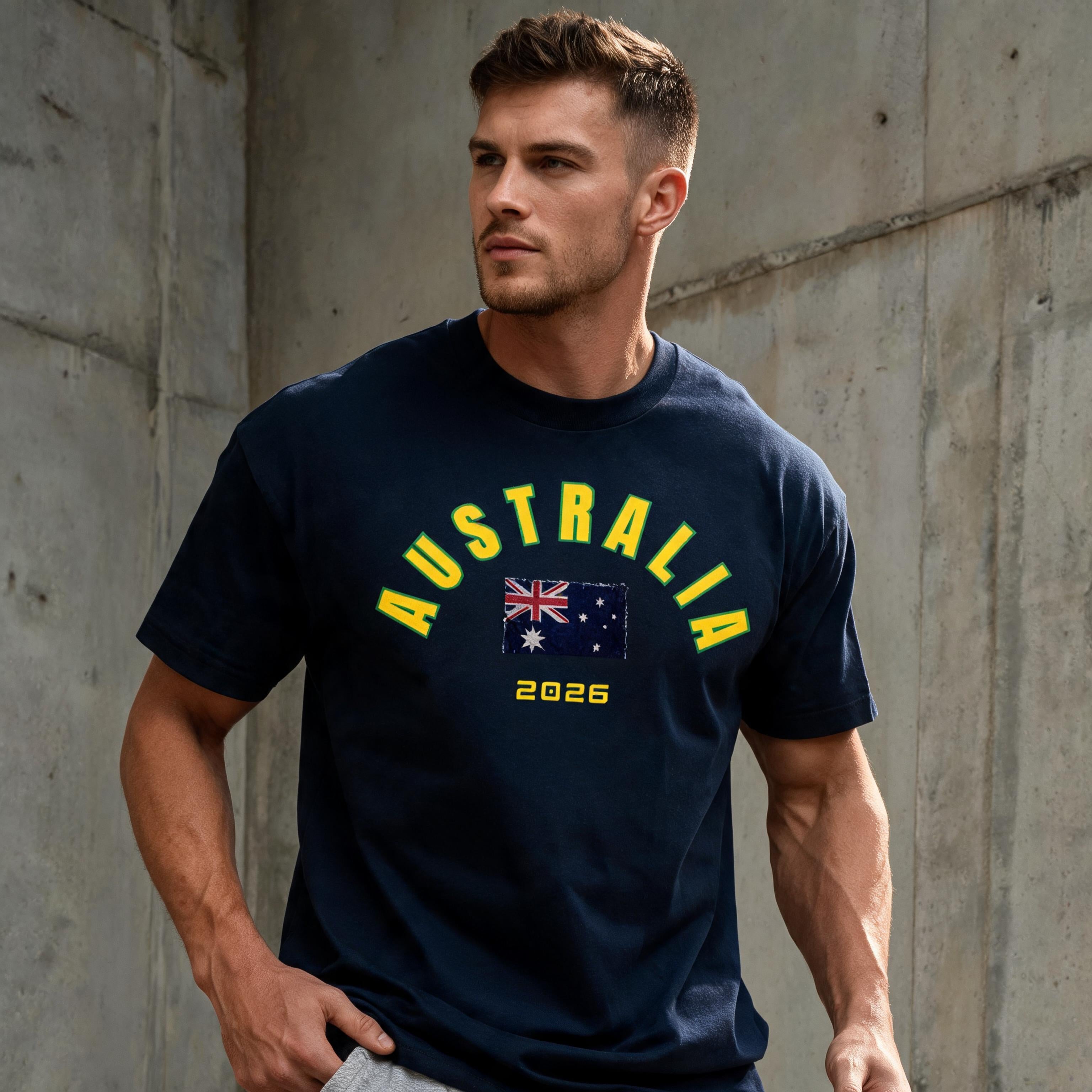 Australia 2026 unisex cotton tee — lifestyle lookbook shot worn on model
