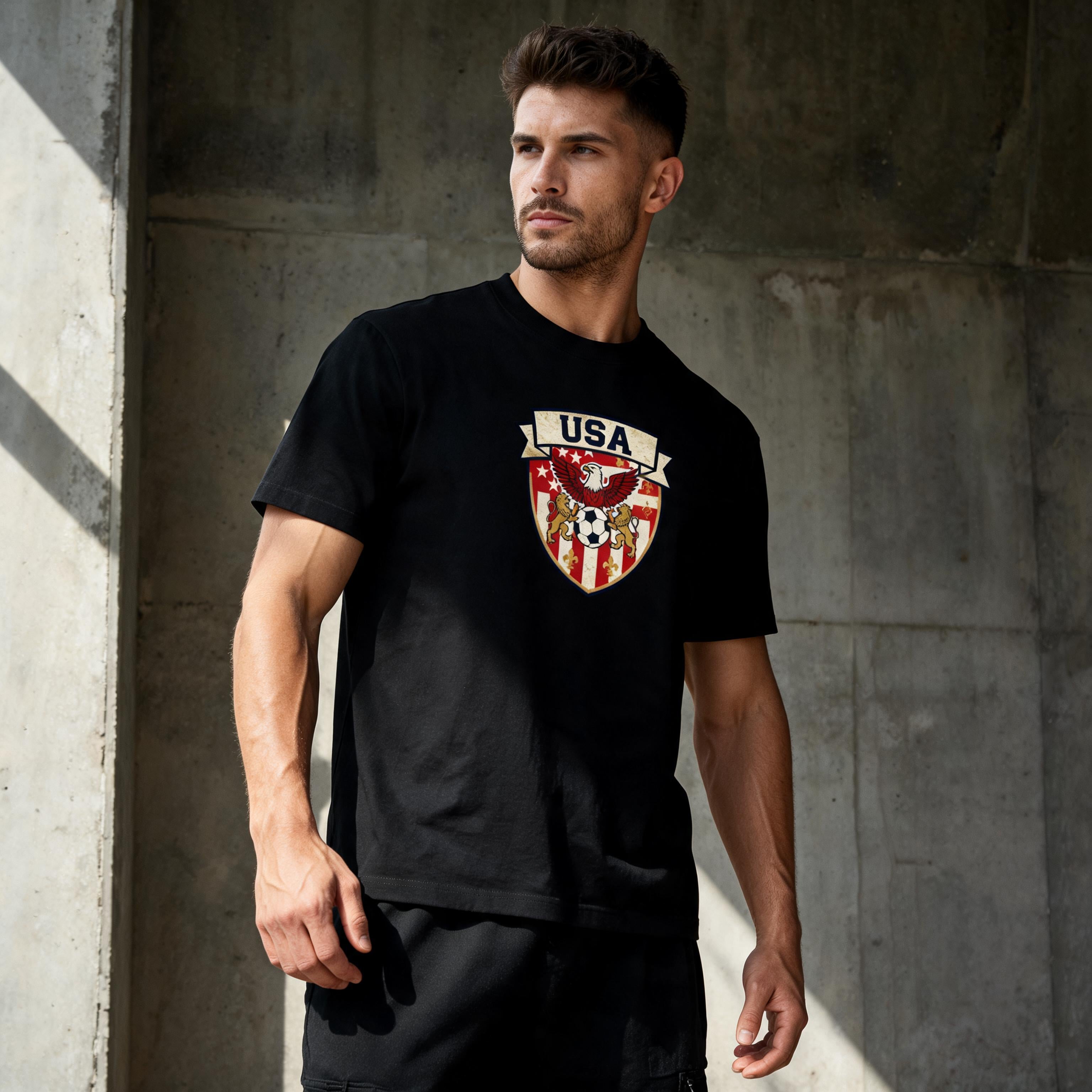 USA Shield unisex cotton tee — lifestyle lookbook shot worn on model