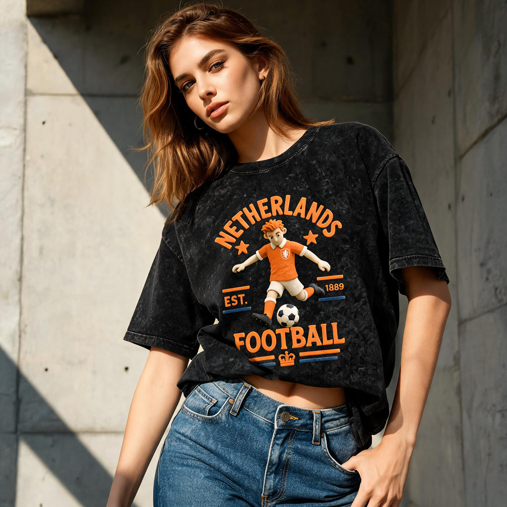 Model wearing the boxy unisex Netherlands Claymation soccer streetwear tee