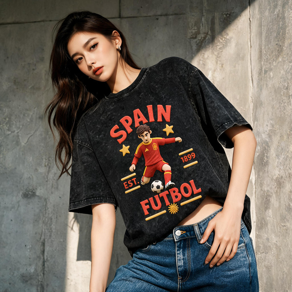 Model wearing the boxy unisex Spain Claymation soccer streetwear tee