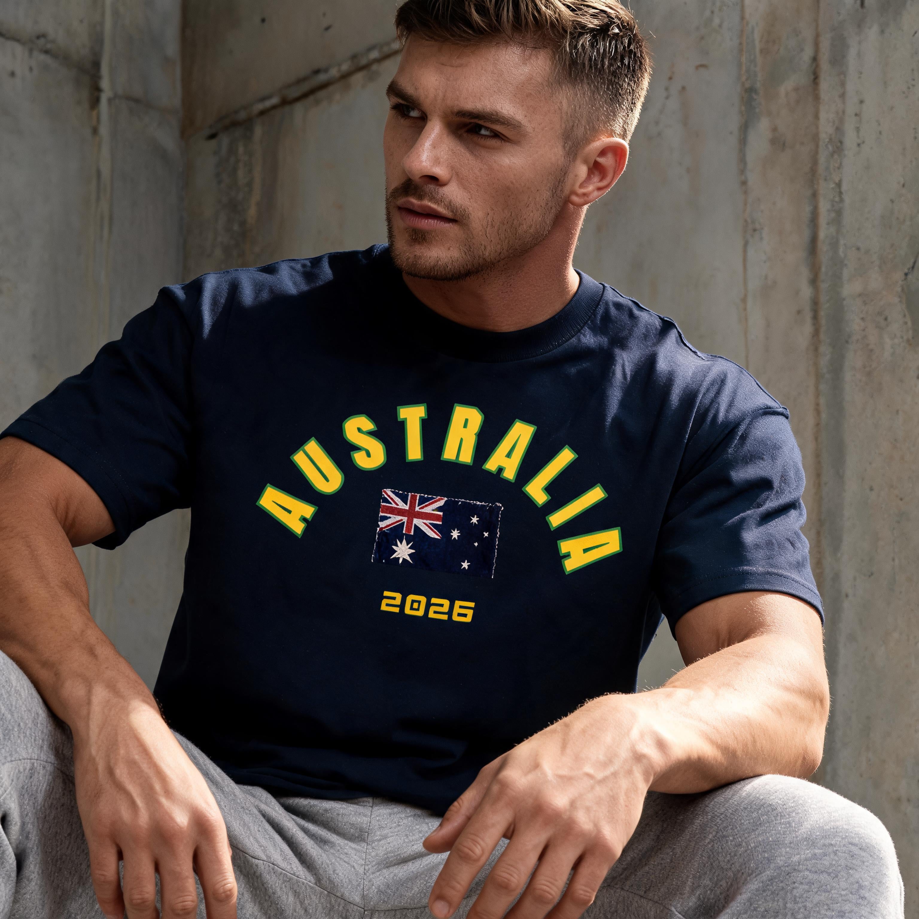 Australia 2026 unisex cotton tee — mid-shot editorial showing graphic detail