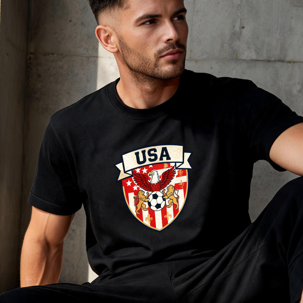USA Shield unisex cotton tee — mid-shot detail of shield graphic print
