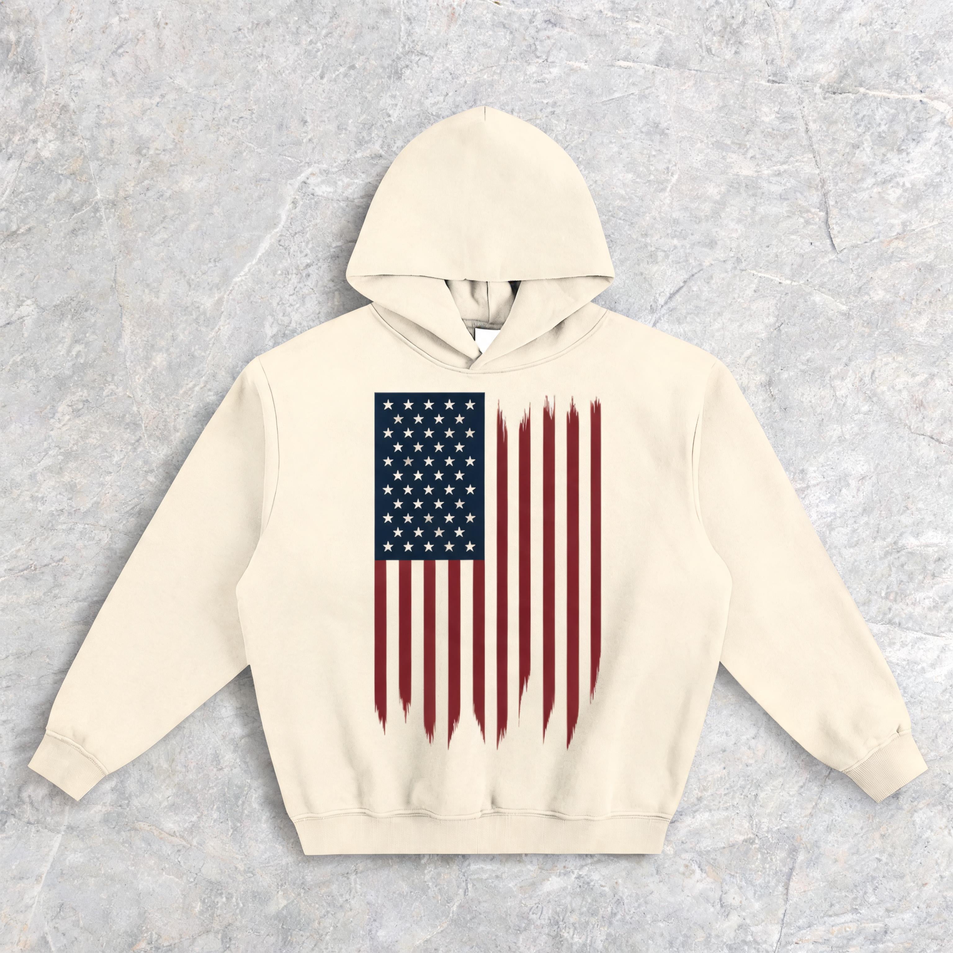 USA fleeced boxy hoodie, front view, drop-shoulder heavyweight fit