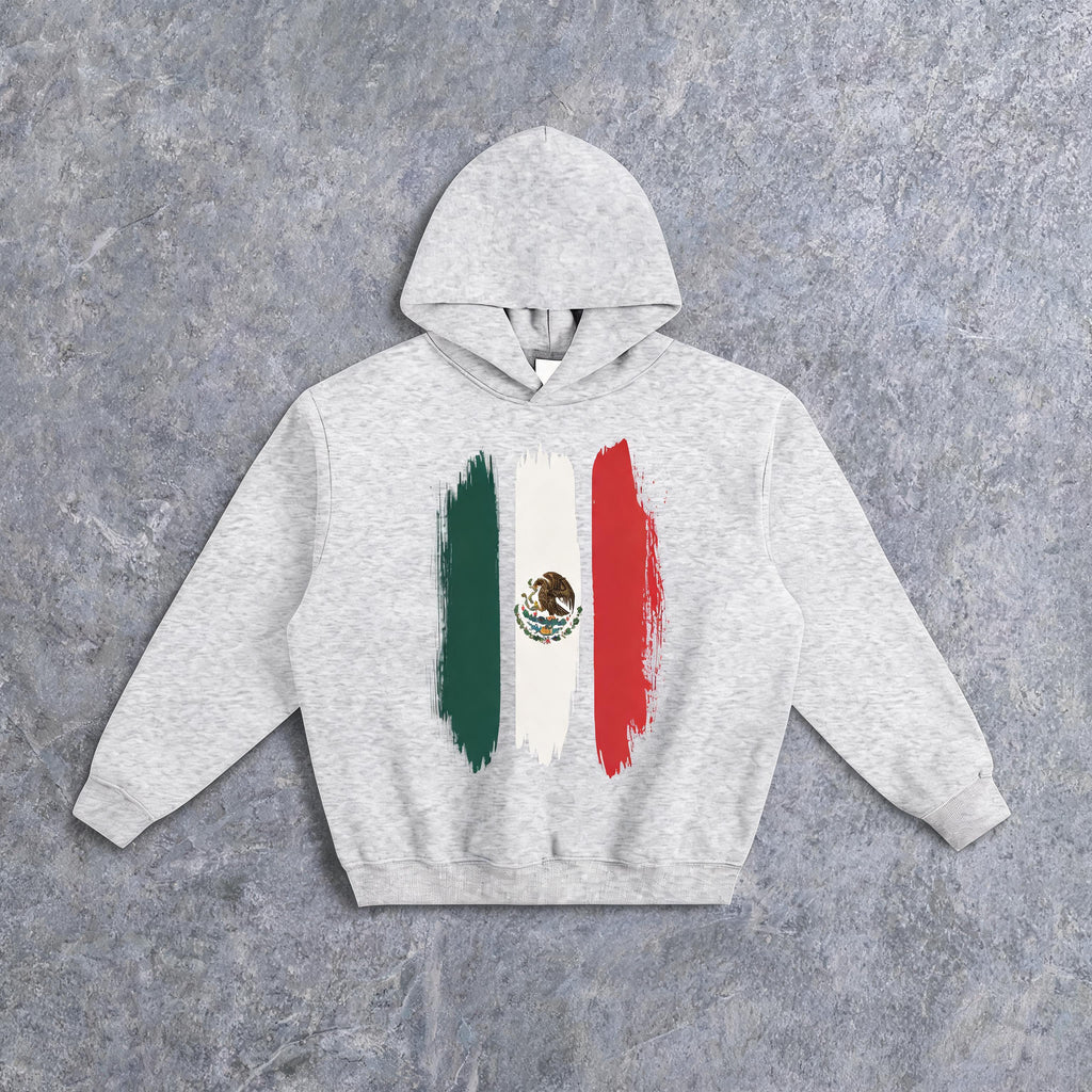 Mexico brushstrokes boxy fleeced hoodie, front view, drop-shoulder fit