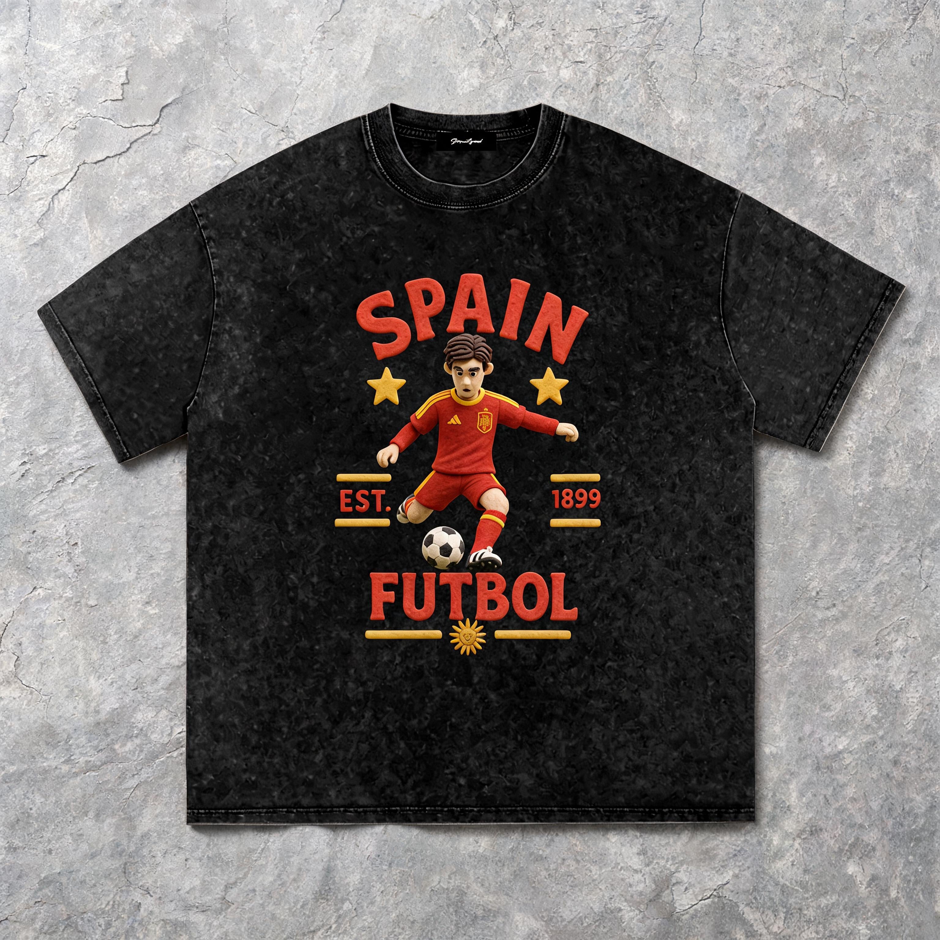 Spain Claymation Edition tee with a hand-sculpted 3D claymation national-team crest in raised DTF print