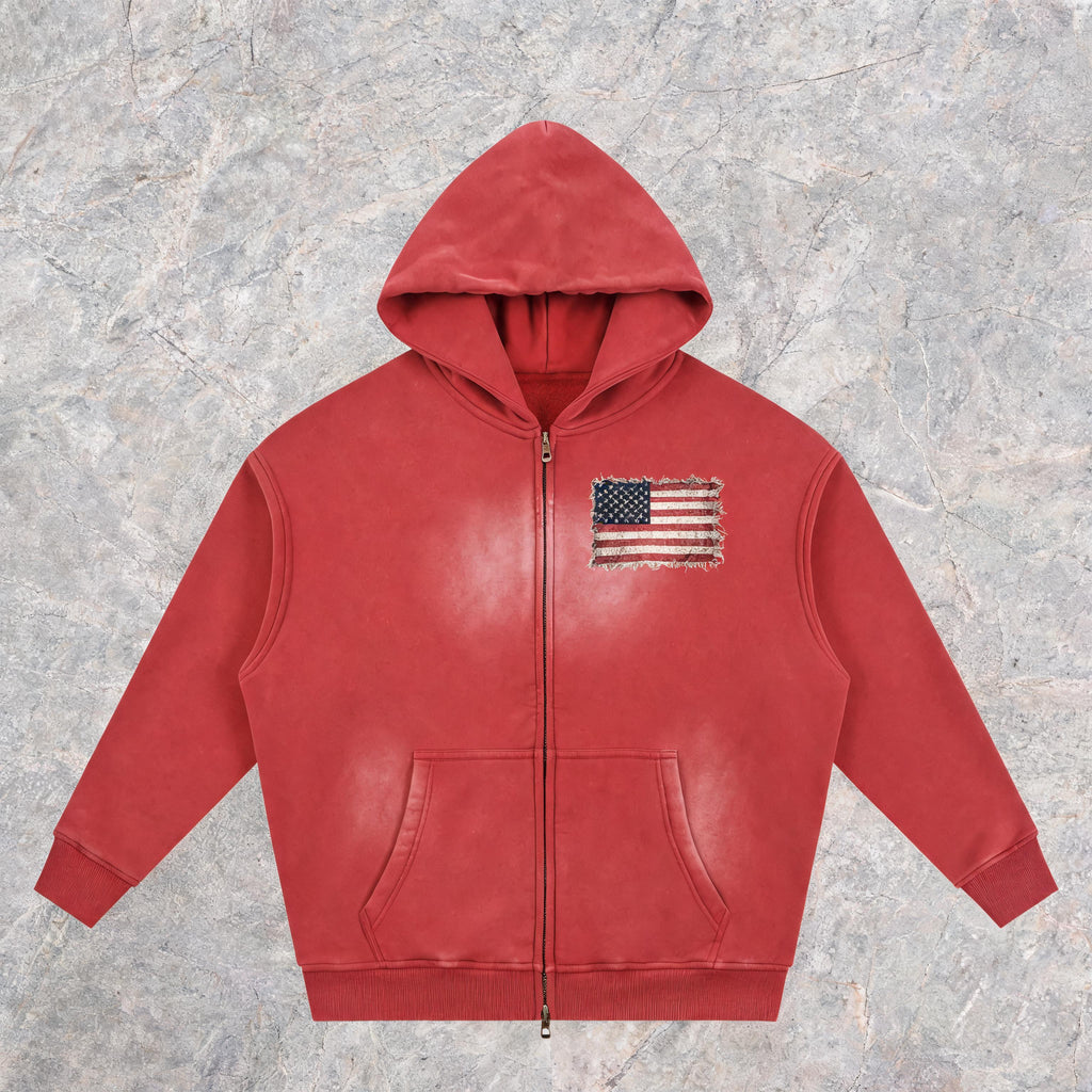 USA sunfade red two-way zip boxy fleece hoodie, front view, drop-shoulder fit