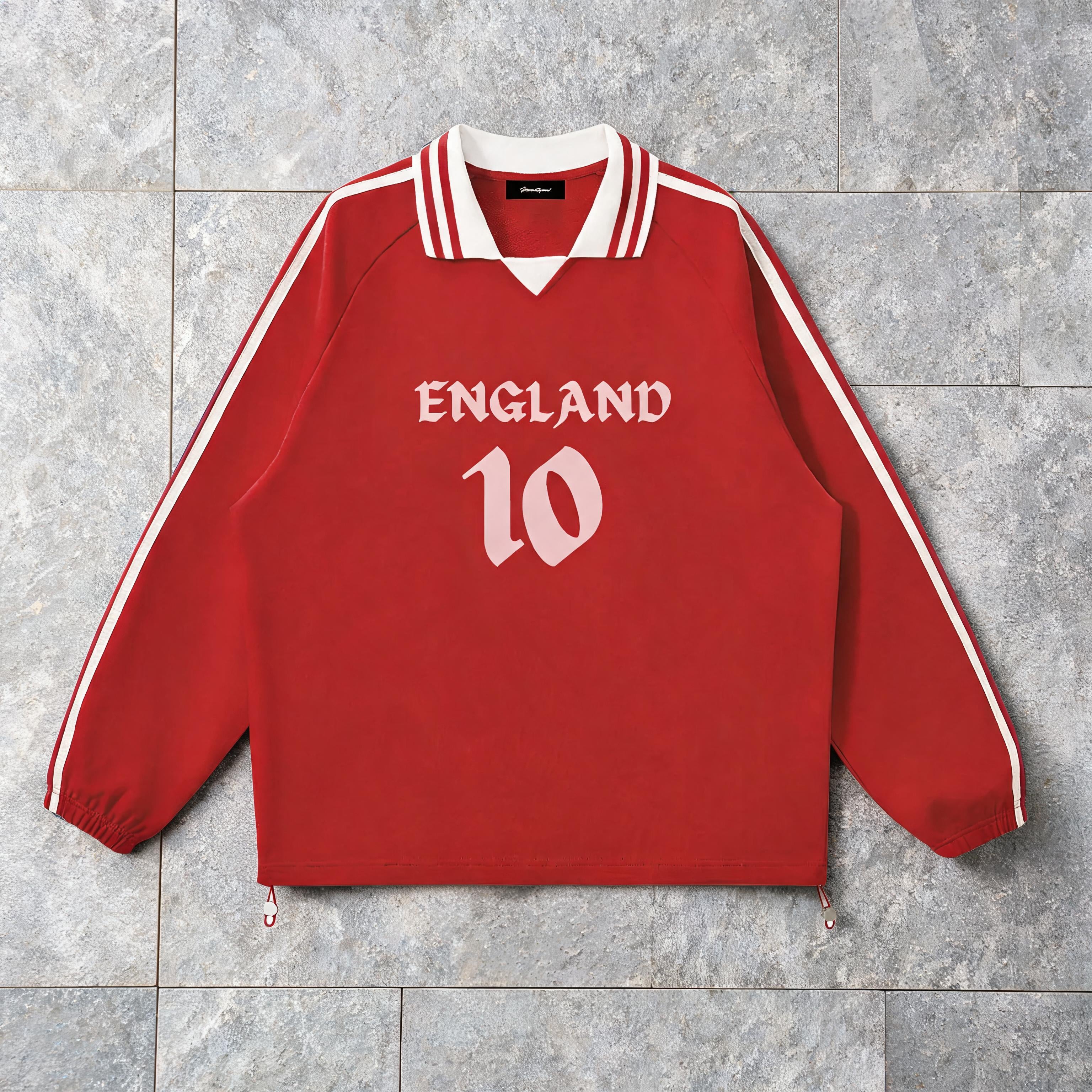 England contrast-striped lapel collar sweatshirt in red, front view
