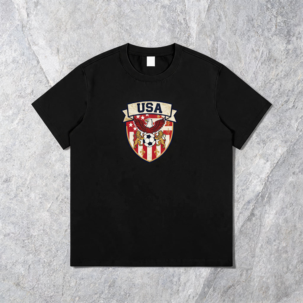 USA Shield unisex cotton tee on model — front view, studio background