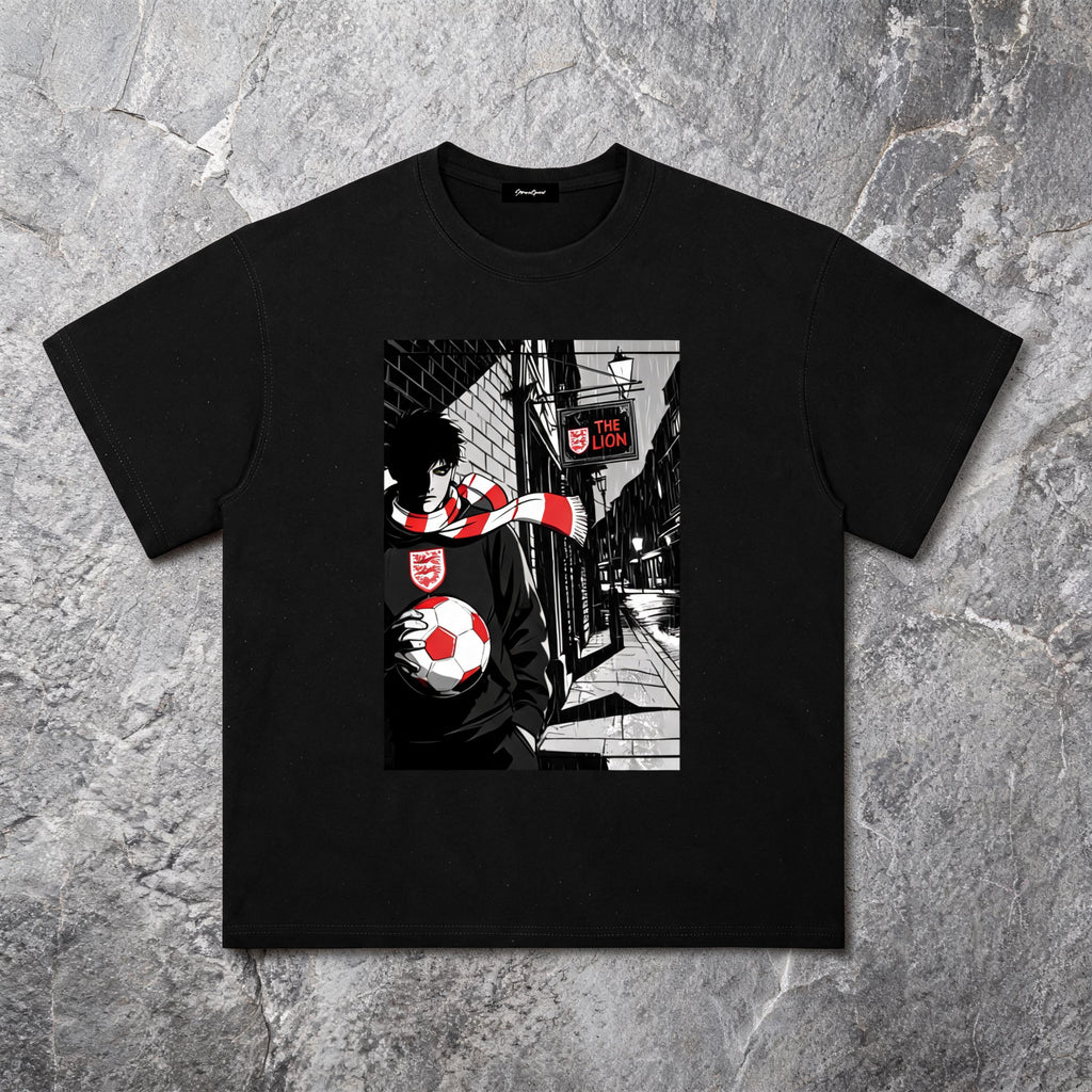Noir Culture England Edition tee with high-contrast monochrome black-and-white streetwear art