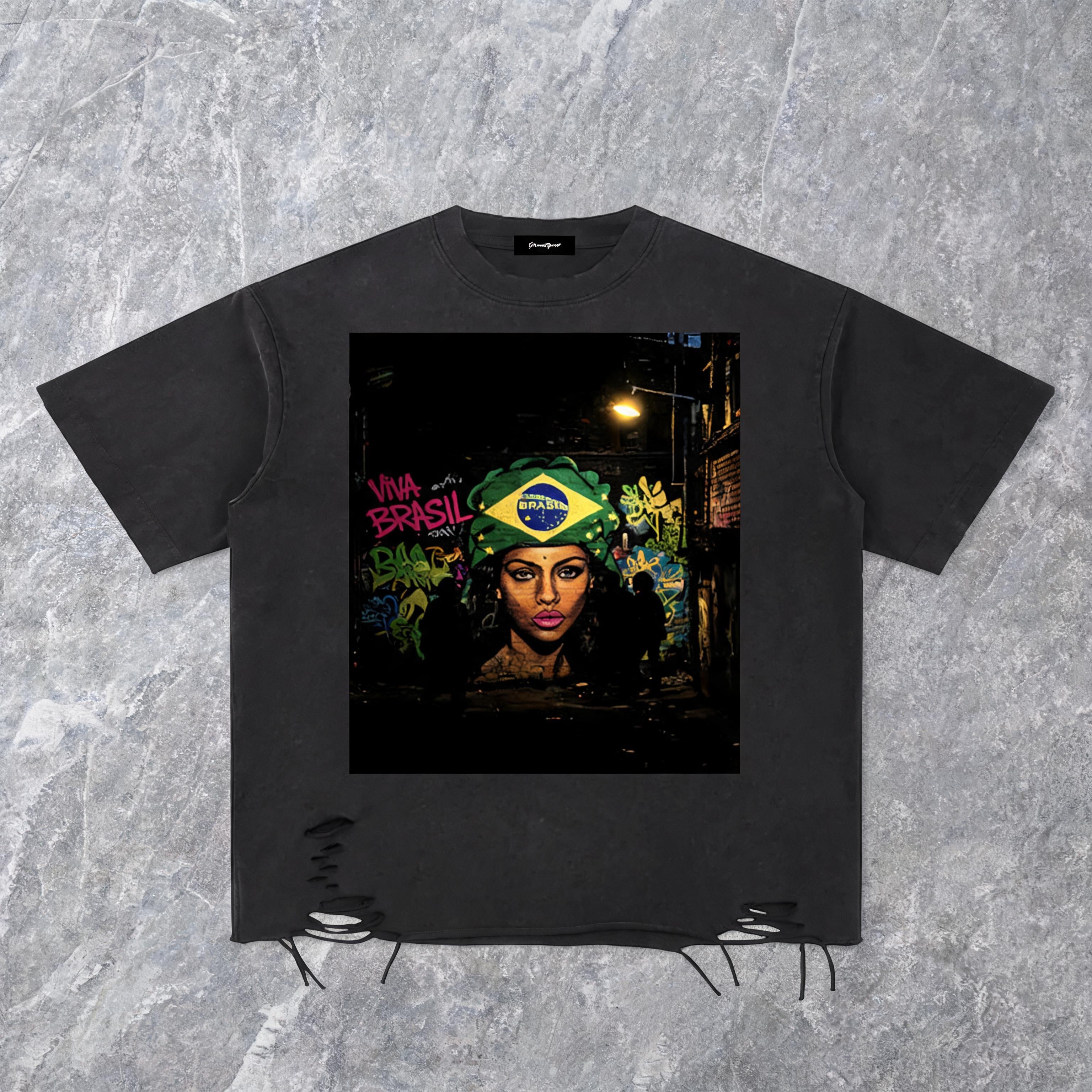 Viva Brasil snow-washed raw-hem heavyweight cotton tee, front view