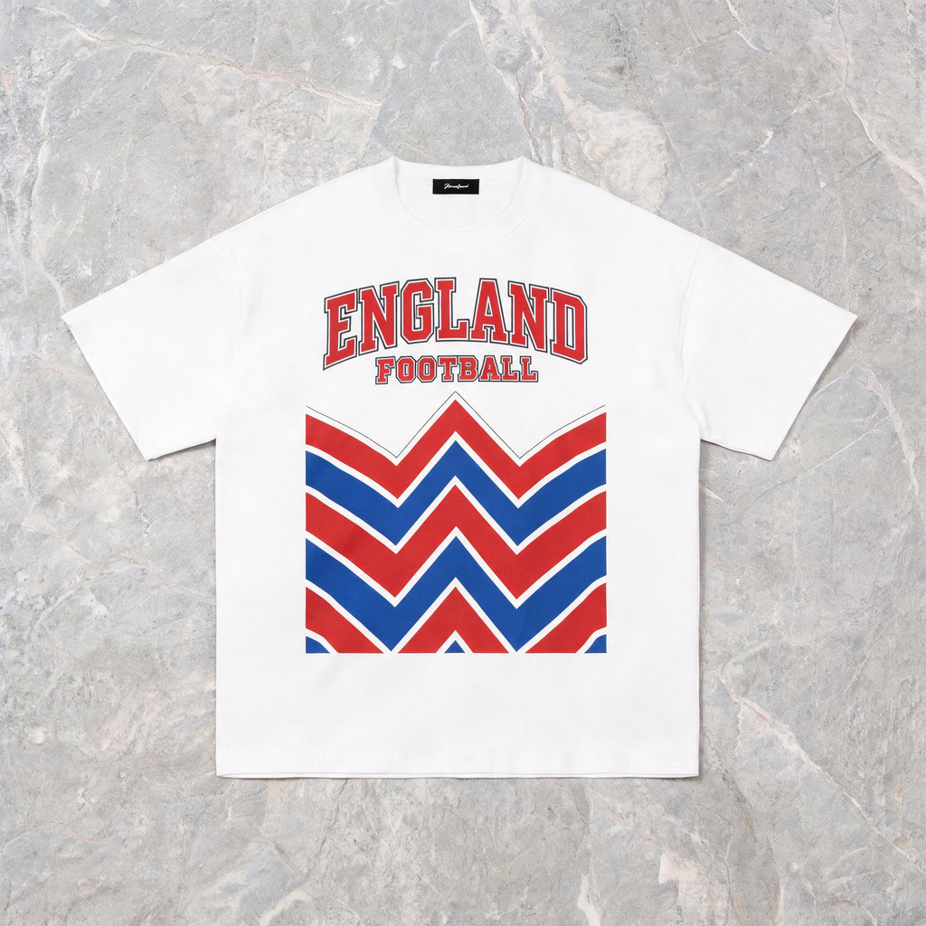 England 2026 unisex cotton tee on model — front view, white colorway, studio background
