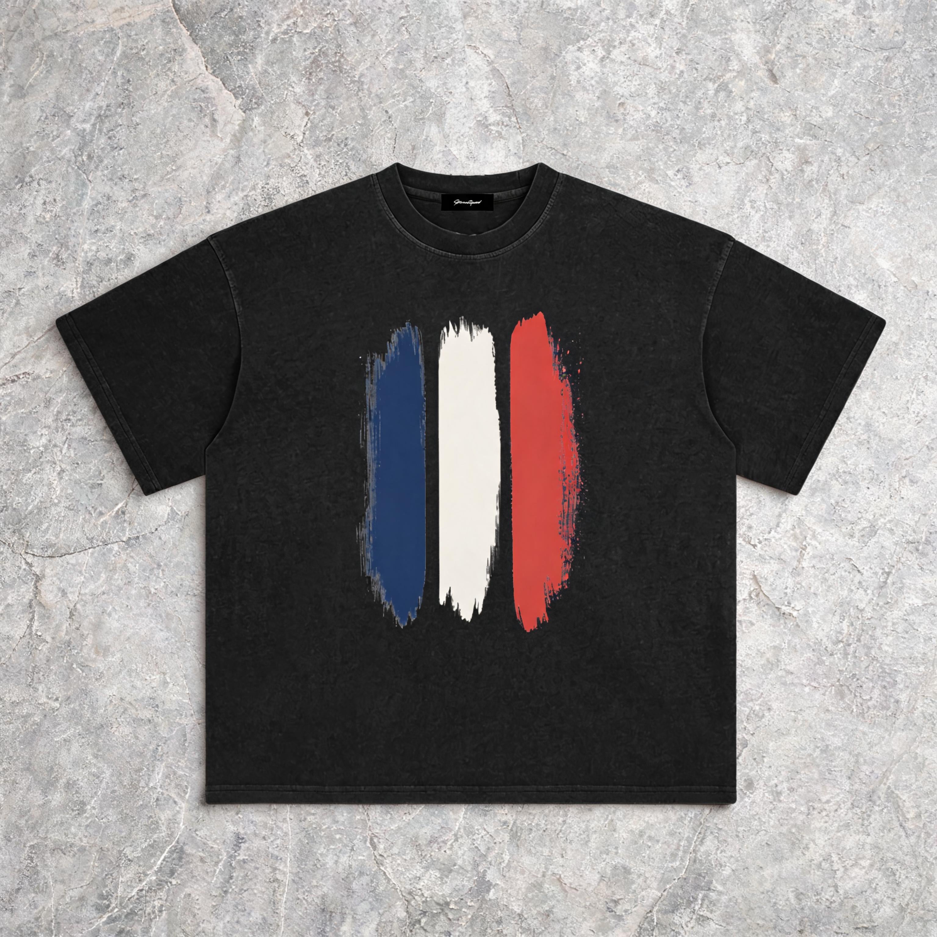 Brushstrokes France enzyme-washed cotton tee with paint-splash heritage print, front view