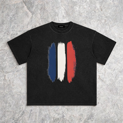 Brushstrokes France enzyme-washed cotton tee with paint-splash heritage print, front view