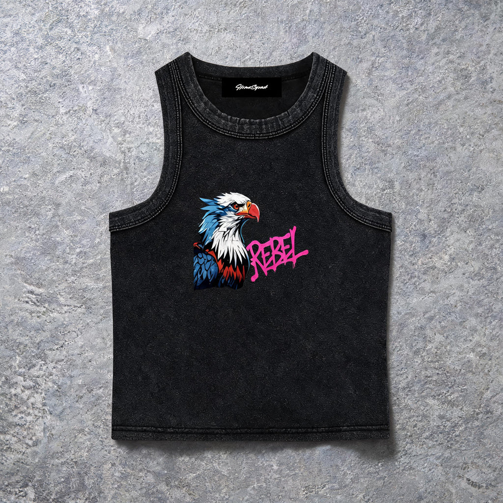USA Rebel Eagle snow-washed black women's crop tank top, front graphic view