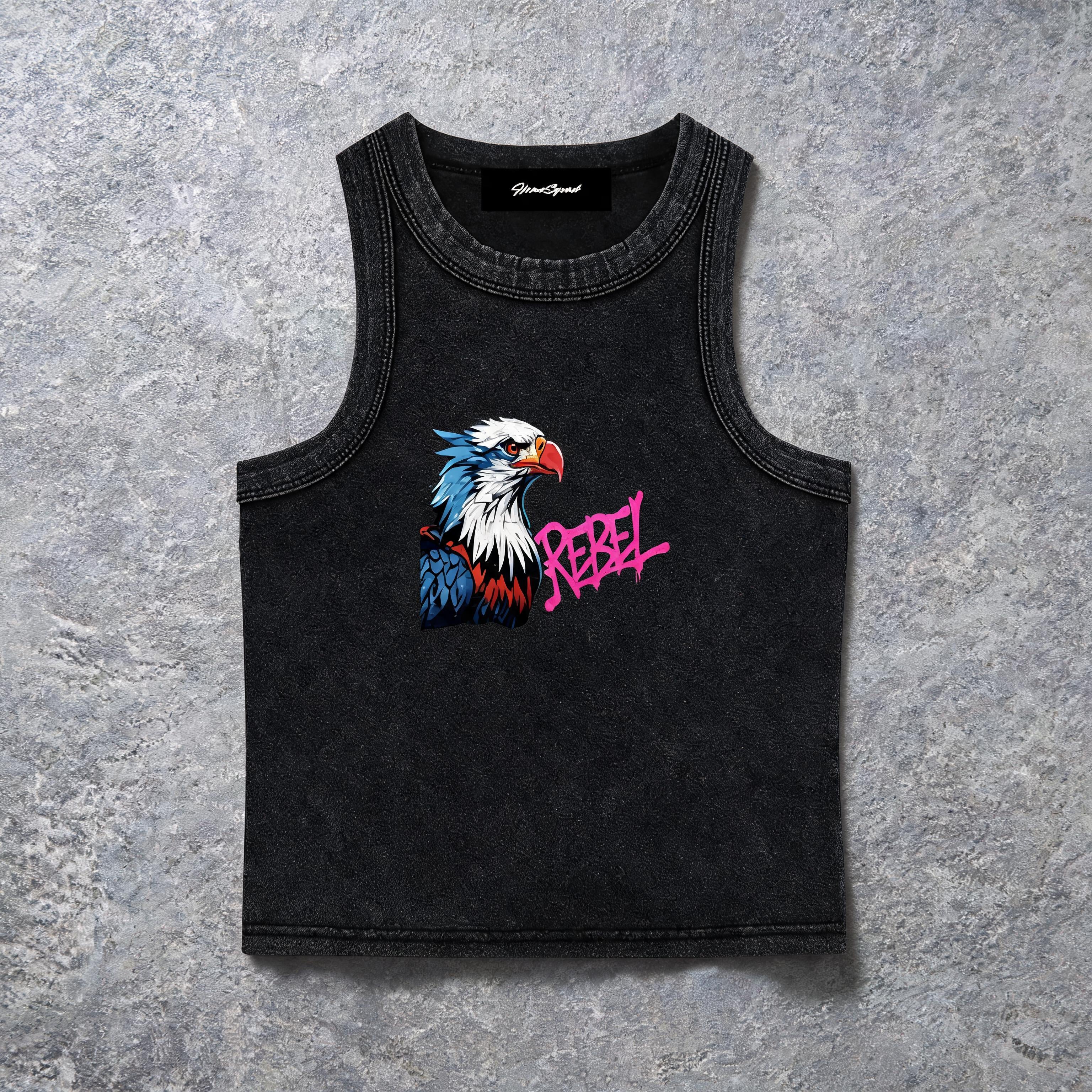 USA Rebel Eagle snow-washed black women's crop tank top, front graphic view