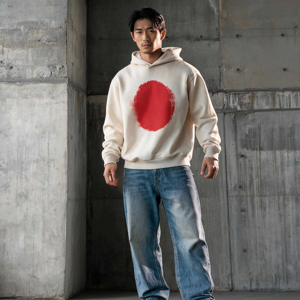 Full-length editorial shot of Japan brushstrokes hoodie boxy drape