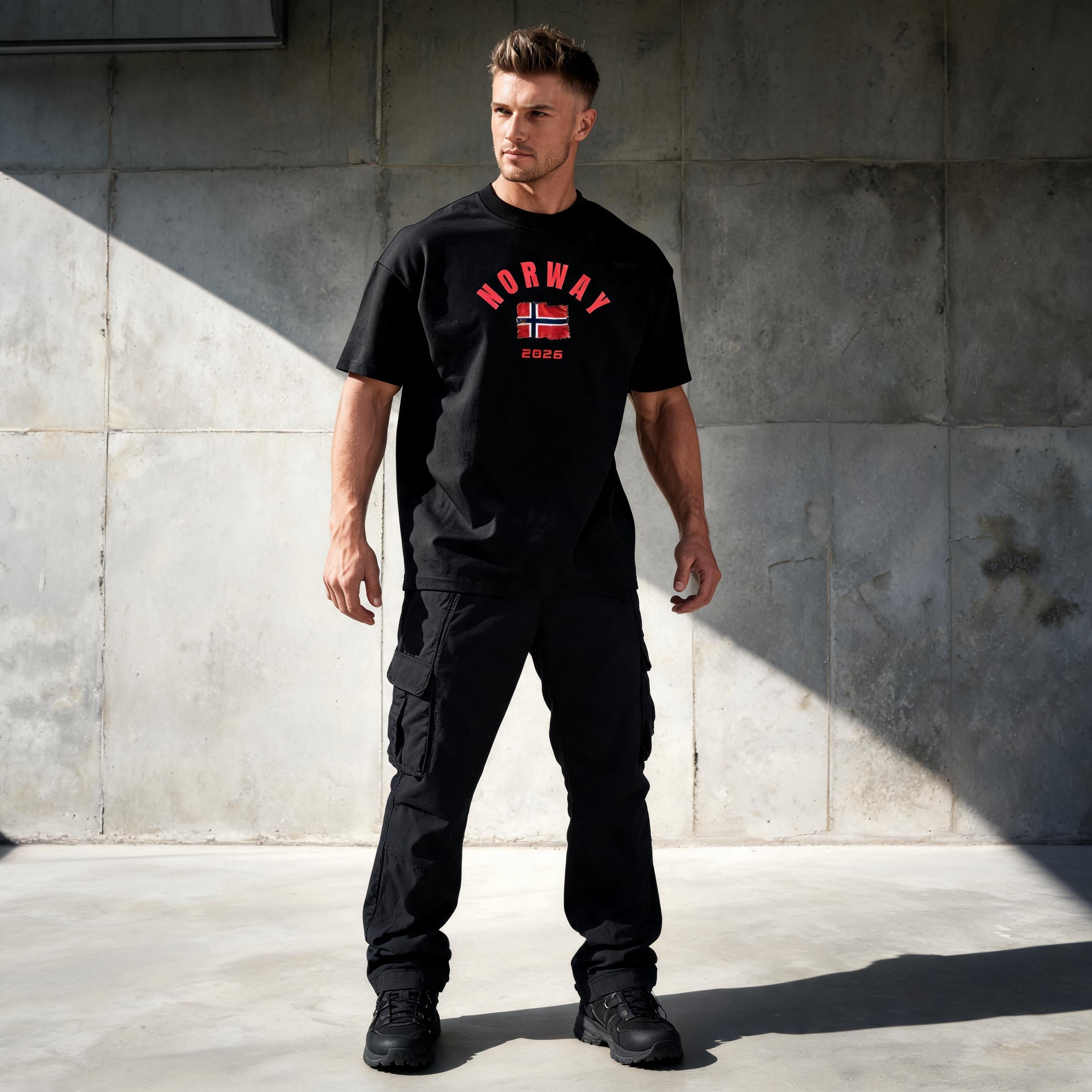 Norway 2026 unisex cotton tee — full-length editorial shot showing relaxed drop-shoulder fit