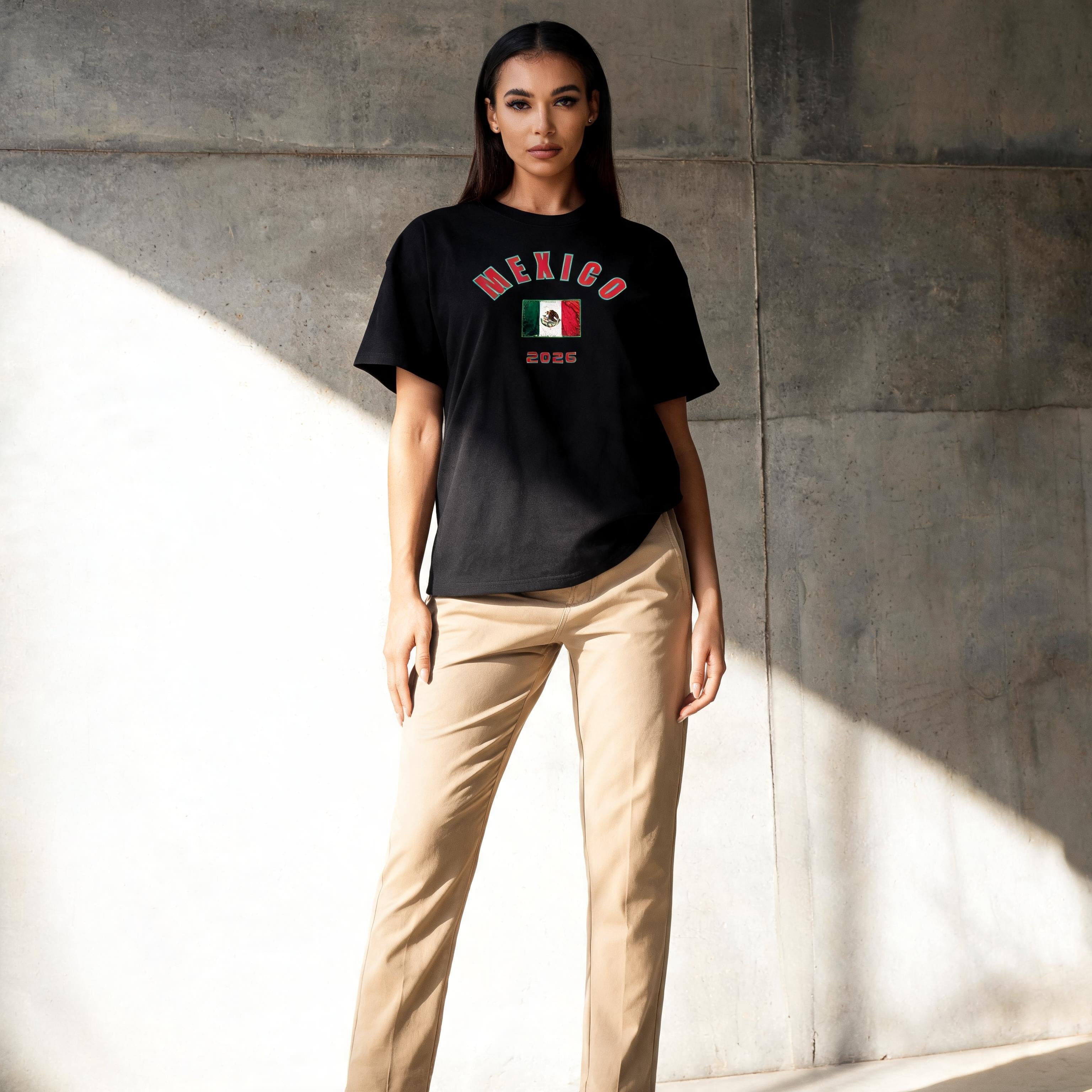 Mexico 2026 unisex cotton tee — full-length editorial shot showing relaxed drop-shoulder fit