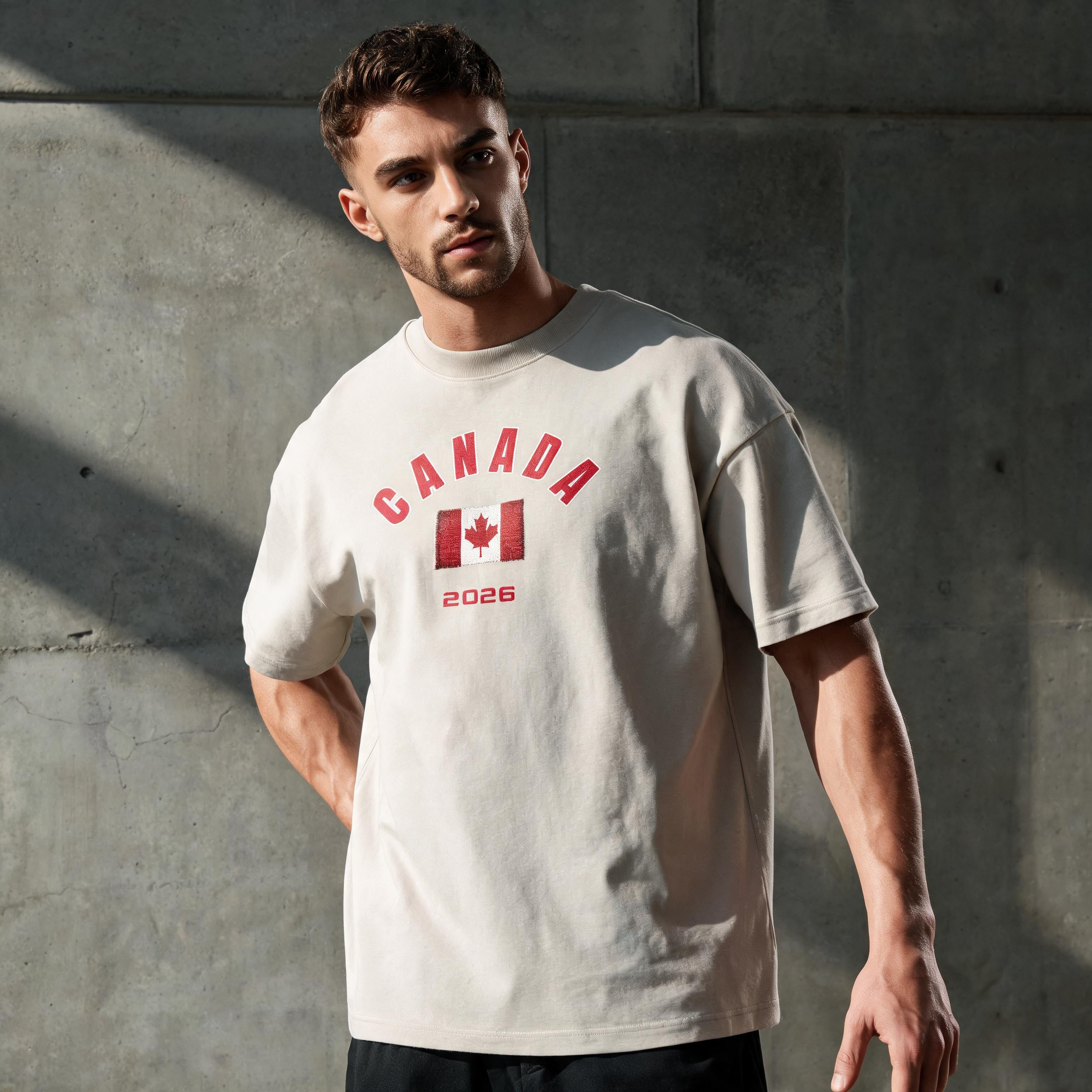 Canada 2026 unisex cotton tee — lifestyle lookbook shot worn on model