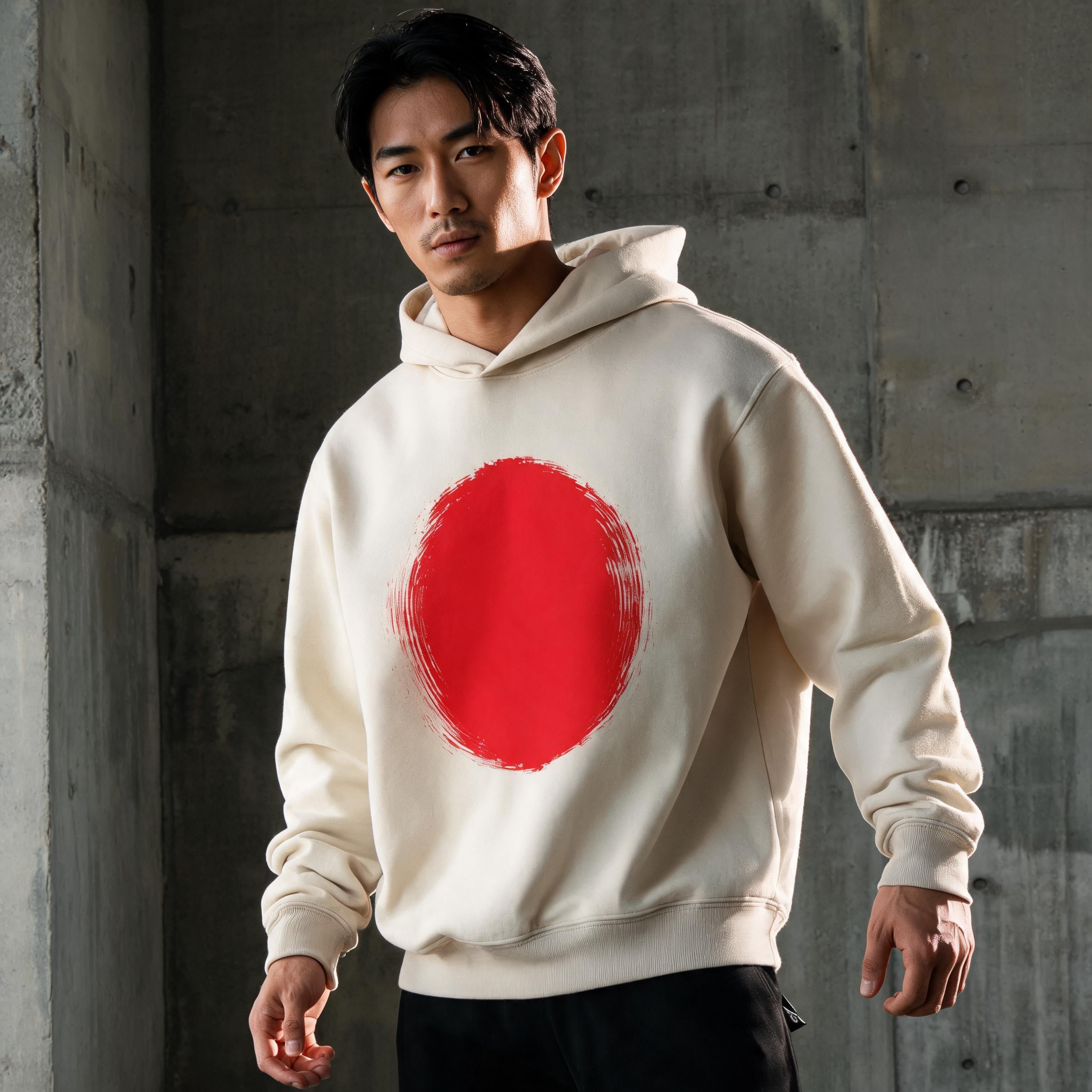 Model wearing Japan brushstrokes boxy hoodie, streetwear lookbook shot