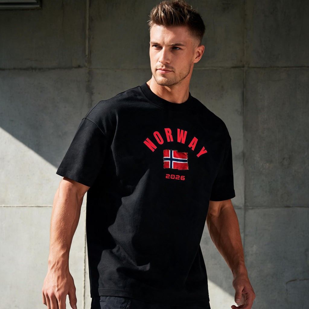 Norway 2026 unisex cotton tee — lifestyle lookbook shot worn on model