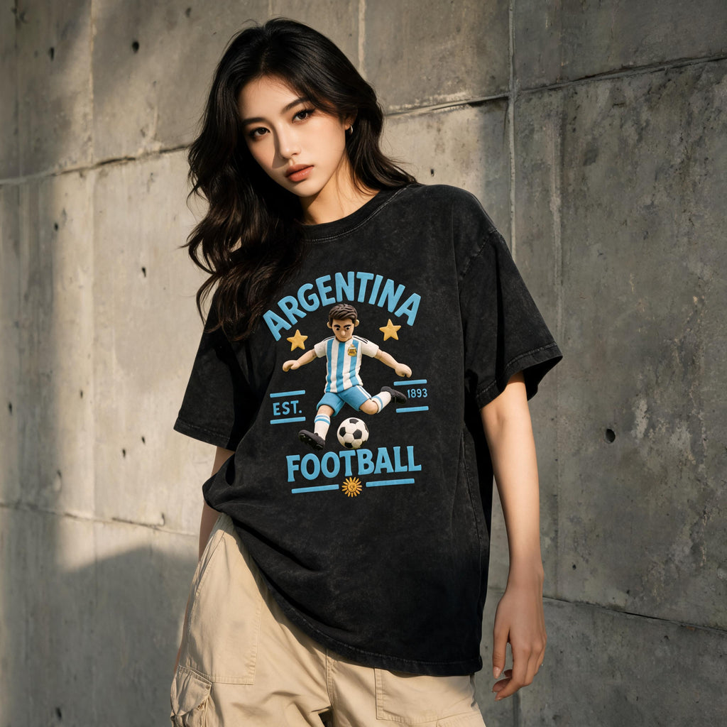 Model wearing the boxy unisex Argentina Claymation soccer streetwear tee