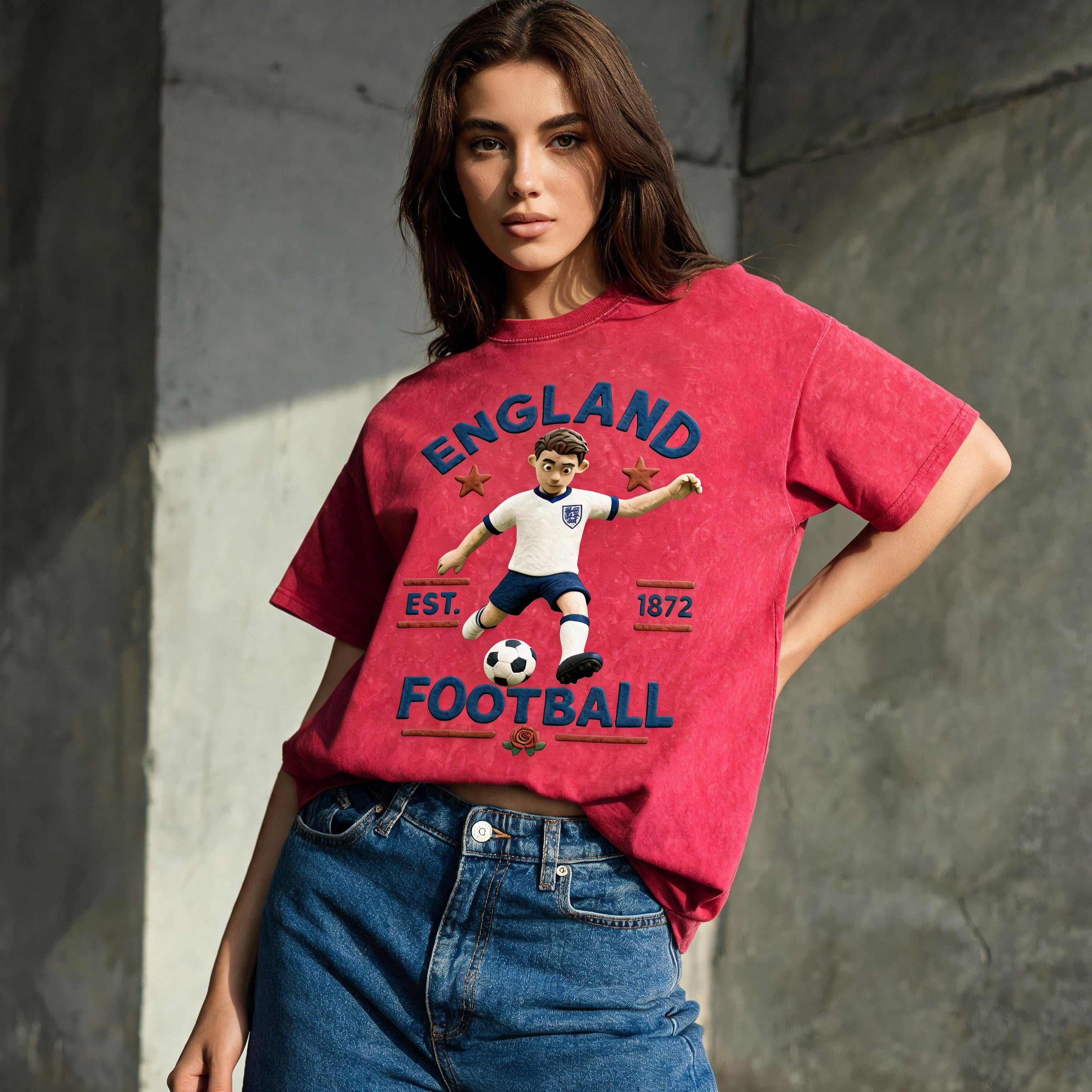 Model wearing the boxy unisex England Claymation soccer streetwear tee