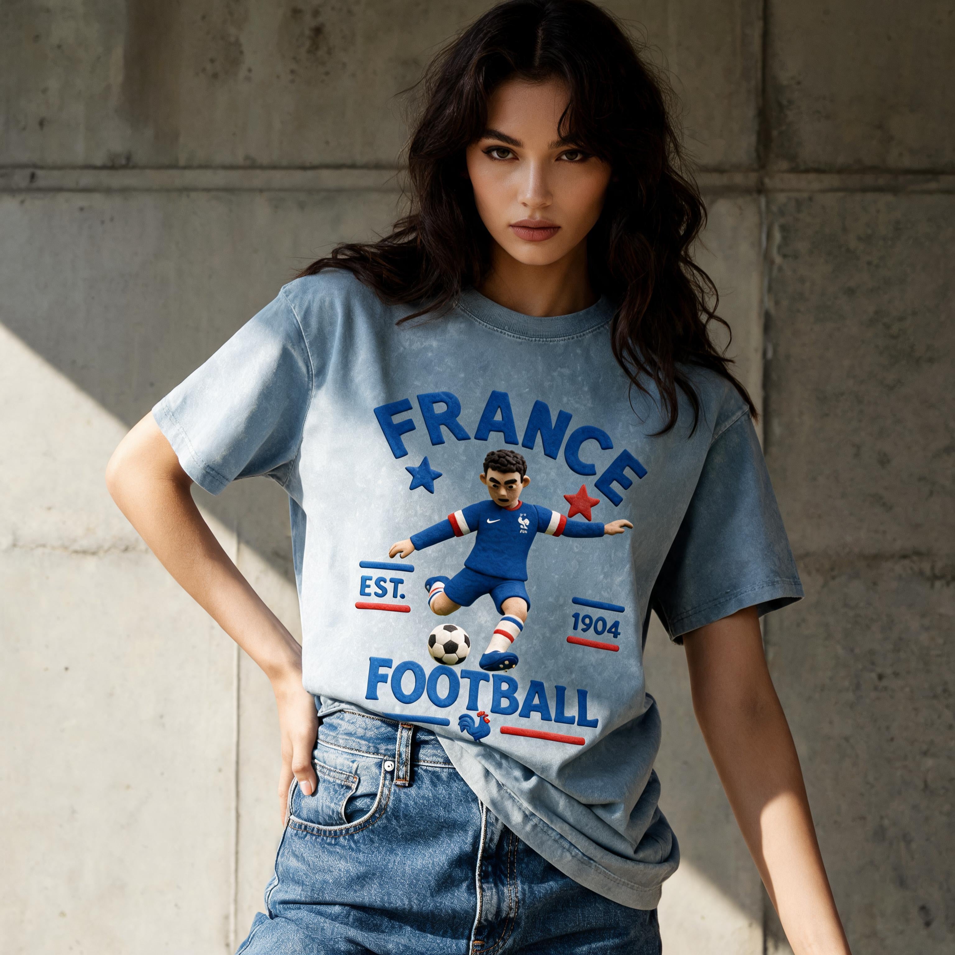 Model wearing the boxy unisex France Claymation soccer streetwear tee