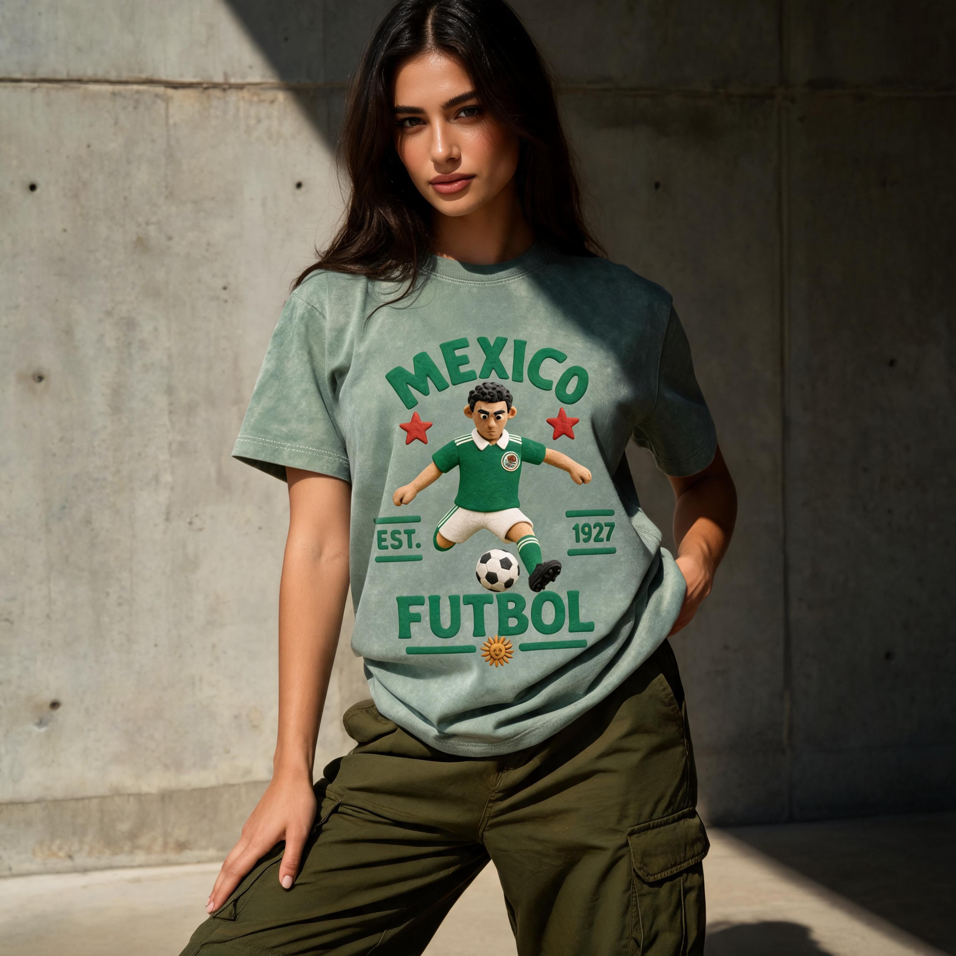 Model wearing the boxy unisex Mexico Claymation soccer streetwear tee