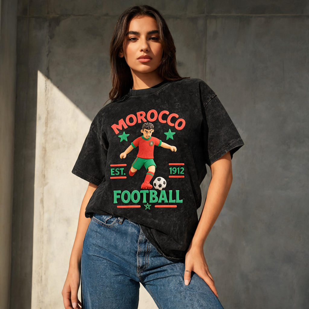 Model wearing the boxy unisex Morocco Claymation soccer streetwear tee