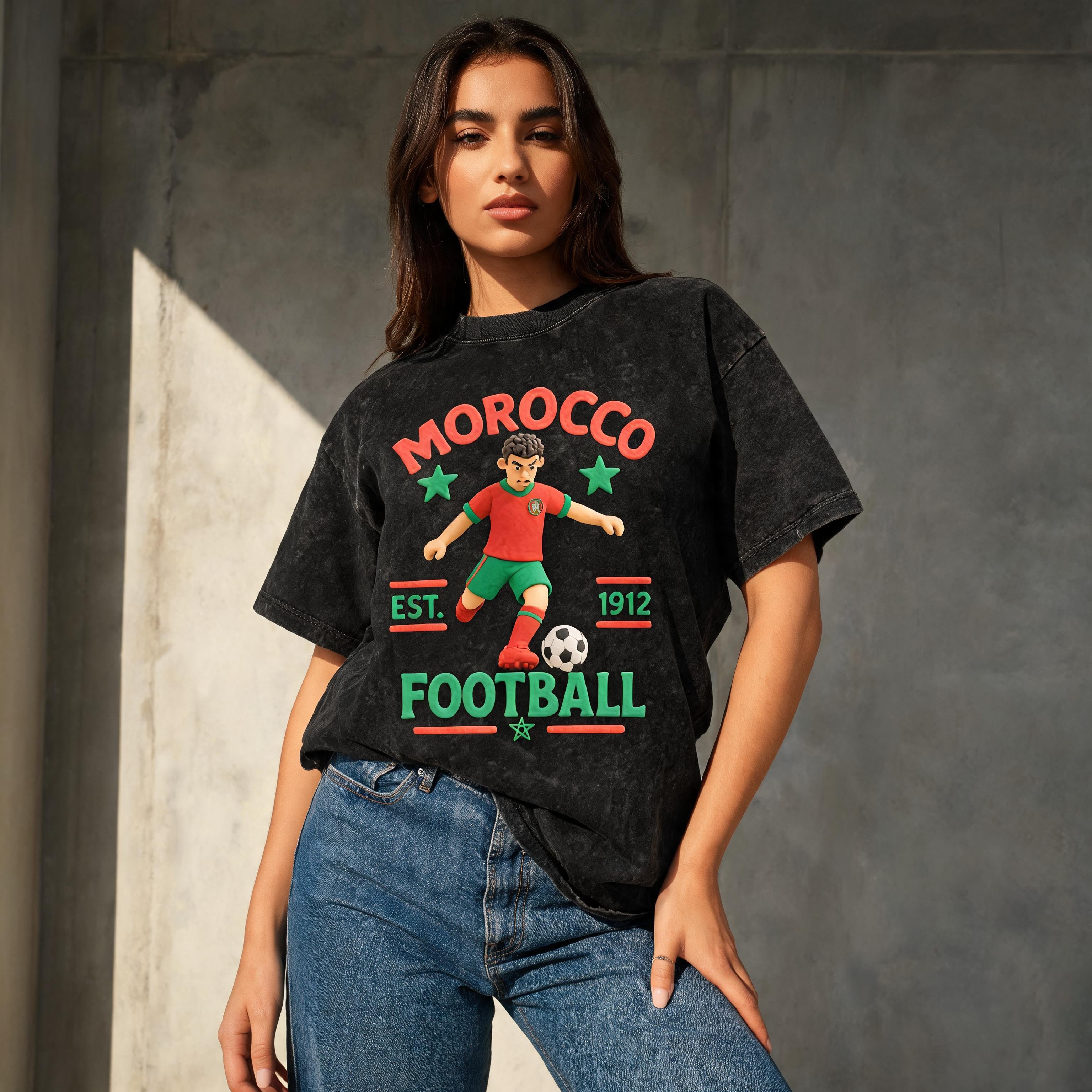 Model wearing the boxy unisex Morocco Claymation soccer streetwear tee