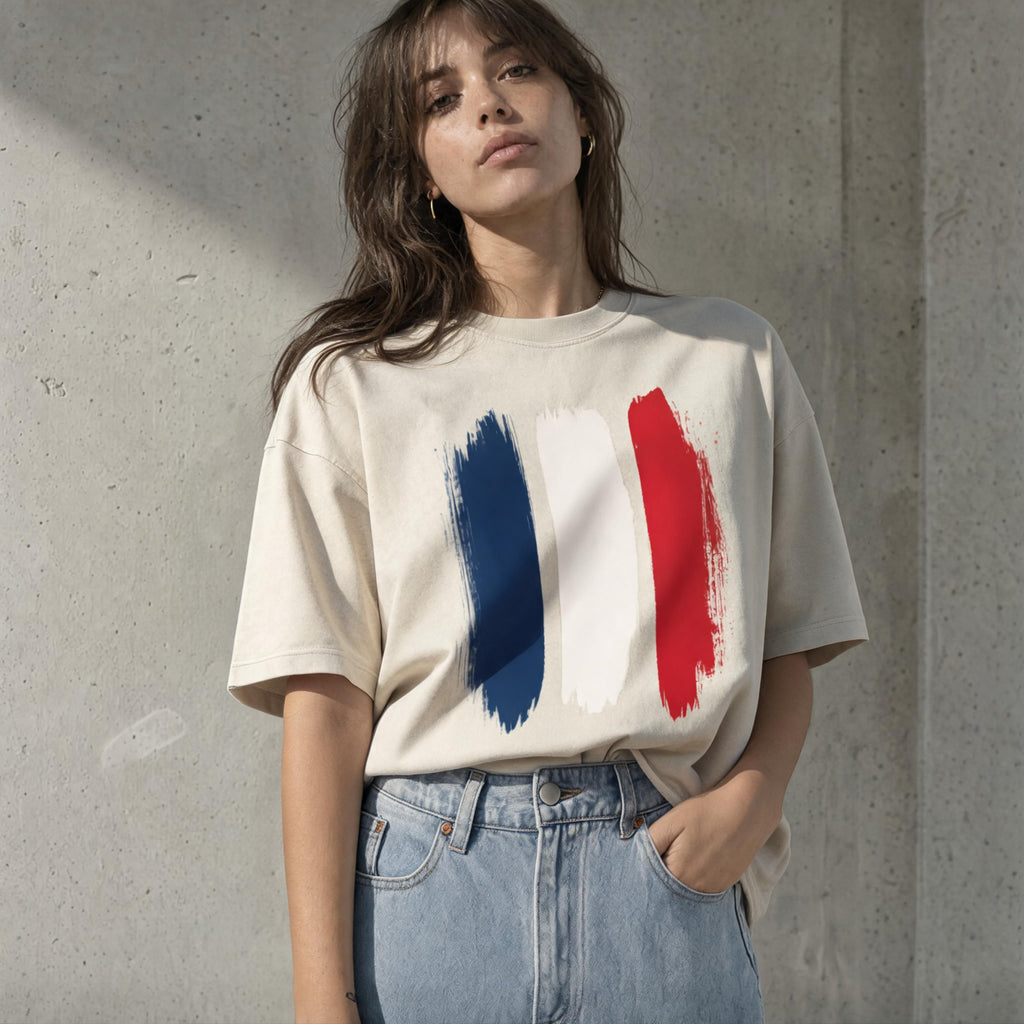 Brushstrokes France enzyme-washed tee worn, second lookbook angle