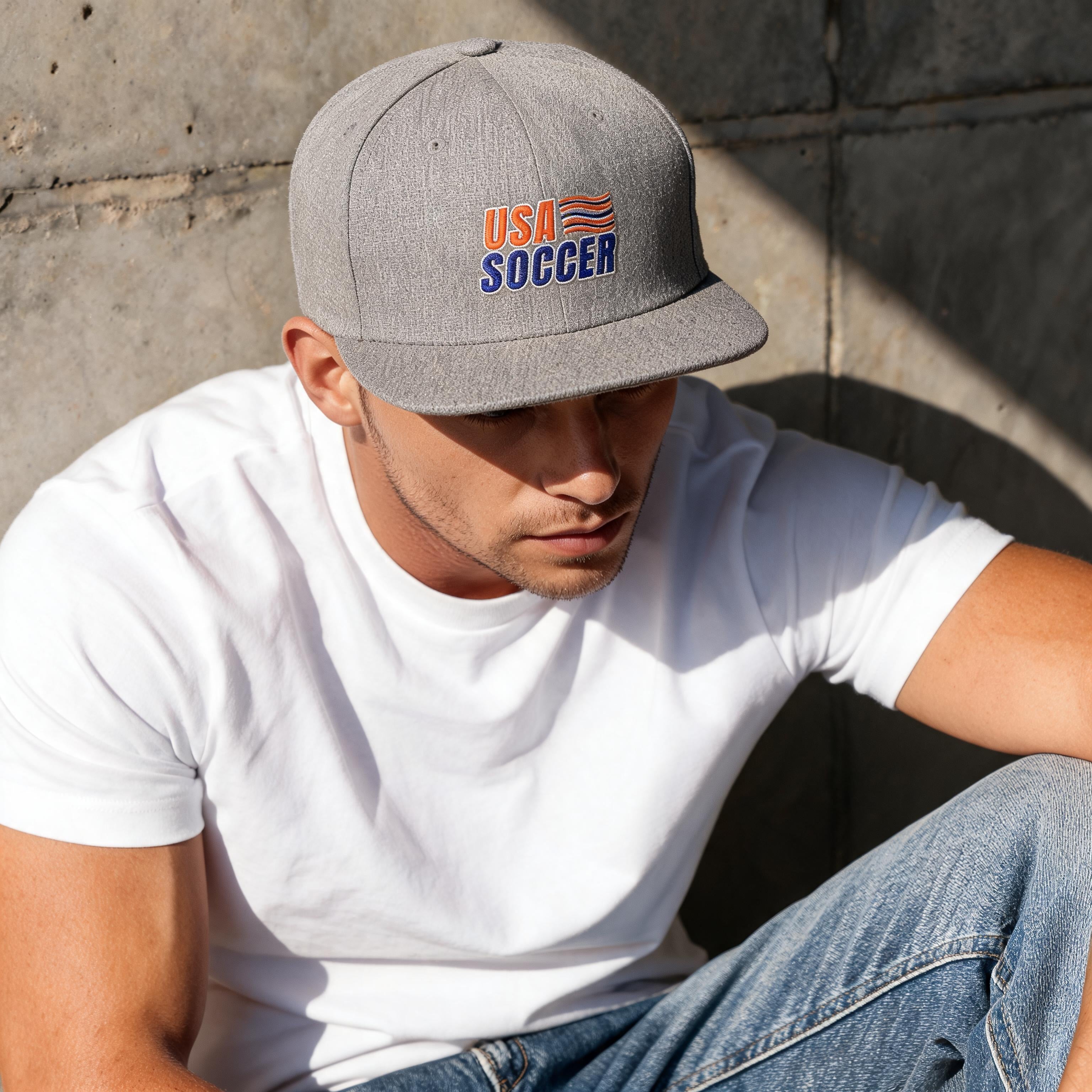 USA Soccer Flat Bill Snapback Hat — slate background