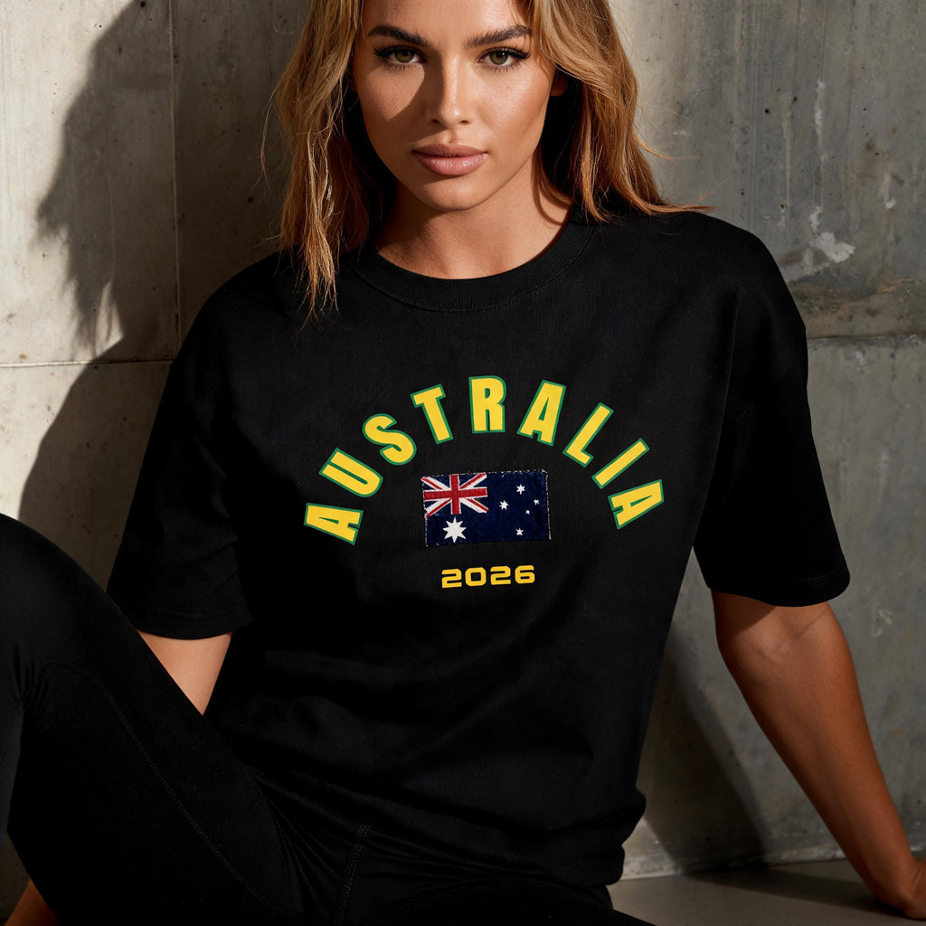 Australia 2026 unisex cotton tee — mid-shot detail of front graphic print