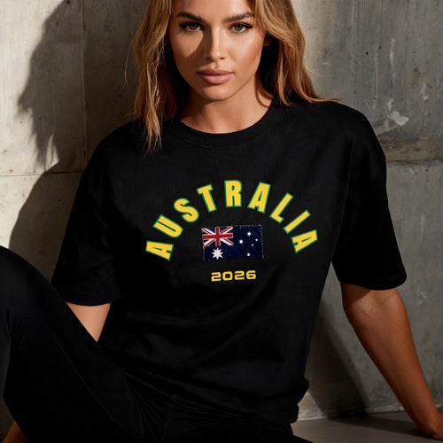 Australia 2026 unisex cotton tee — mid-shot detail of front graphic print
