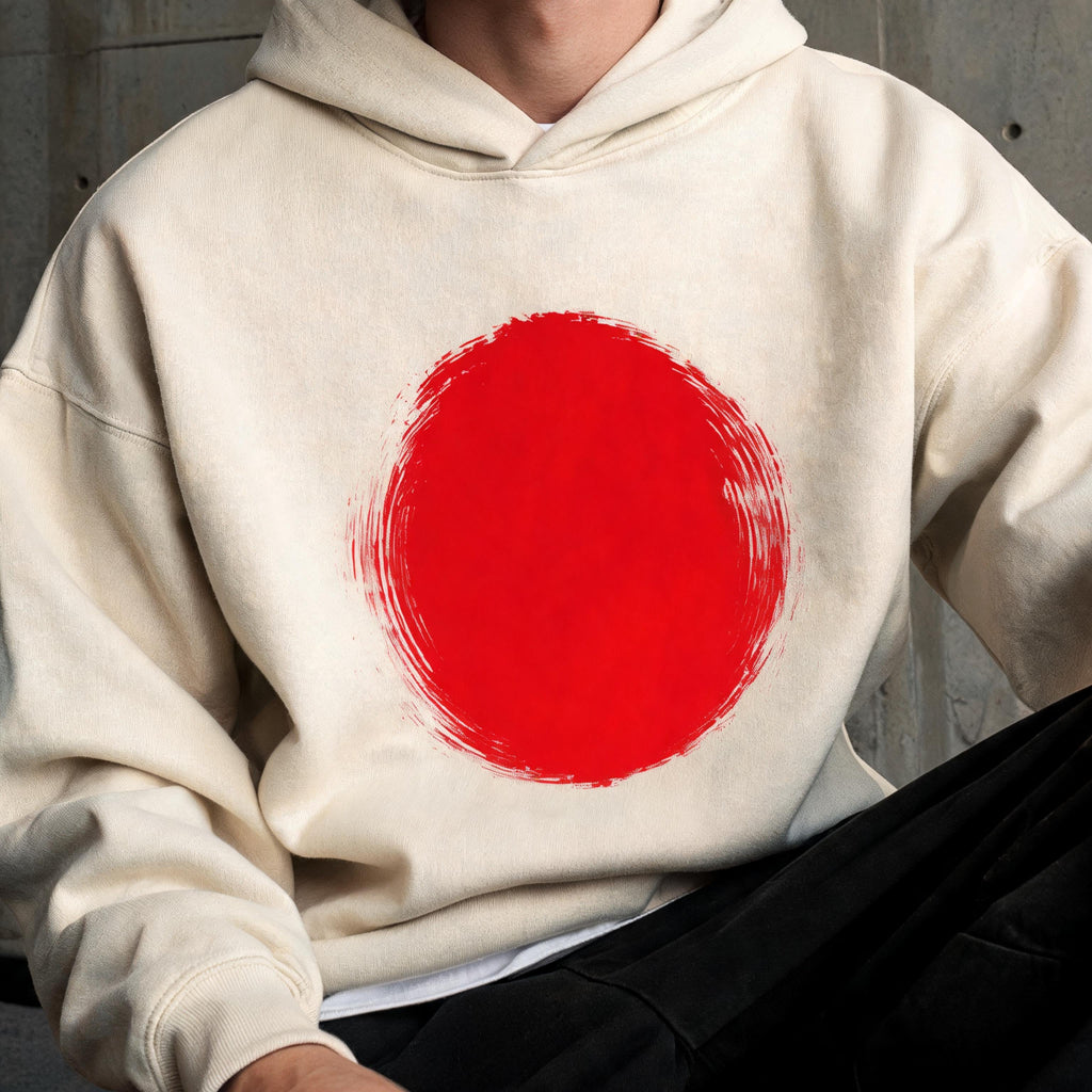 Mid-shot of Japan blue brushstroke artwork on heavyweight hoodie fleece