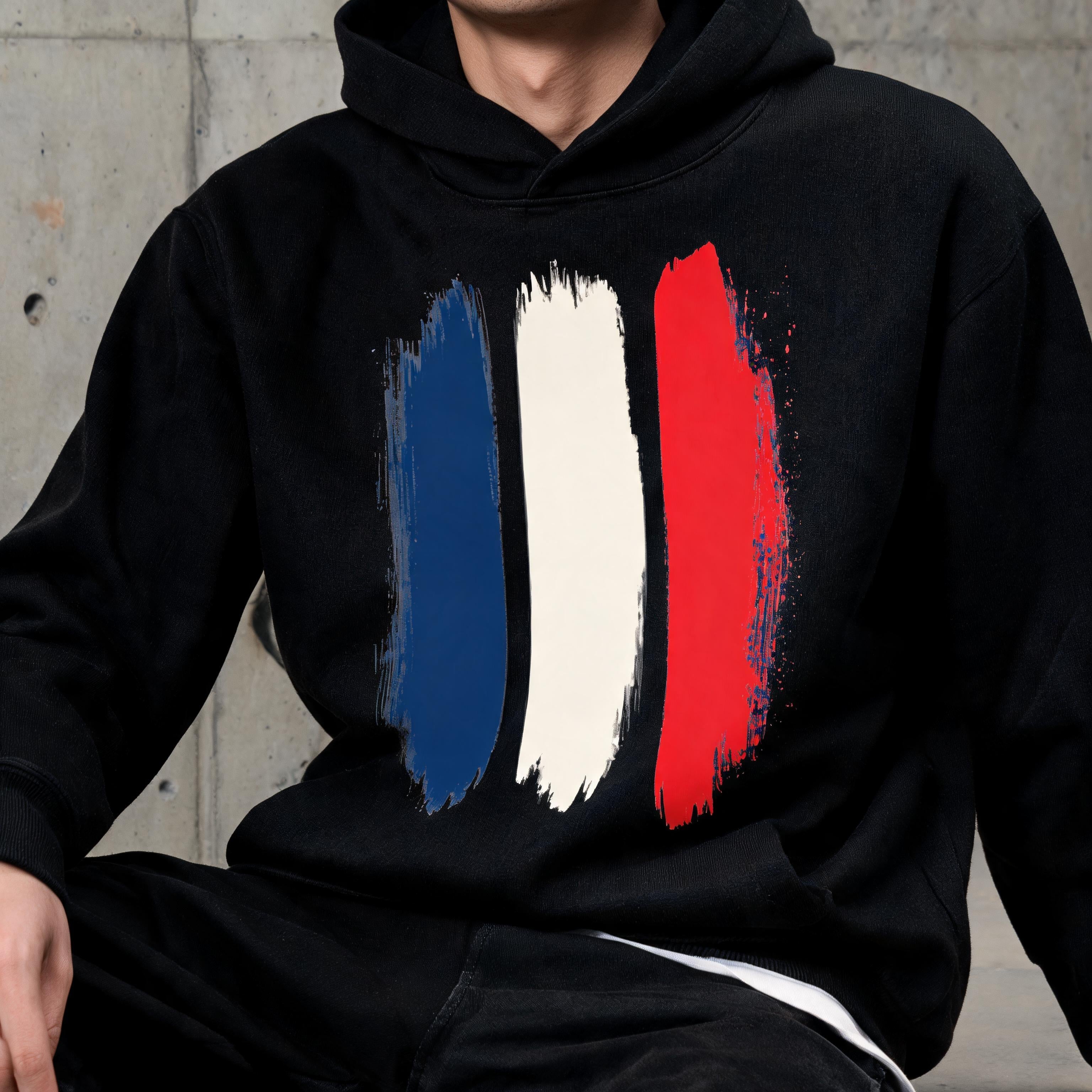 Close-up of France brushstroke artwork on heavyweight hoodie fleece